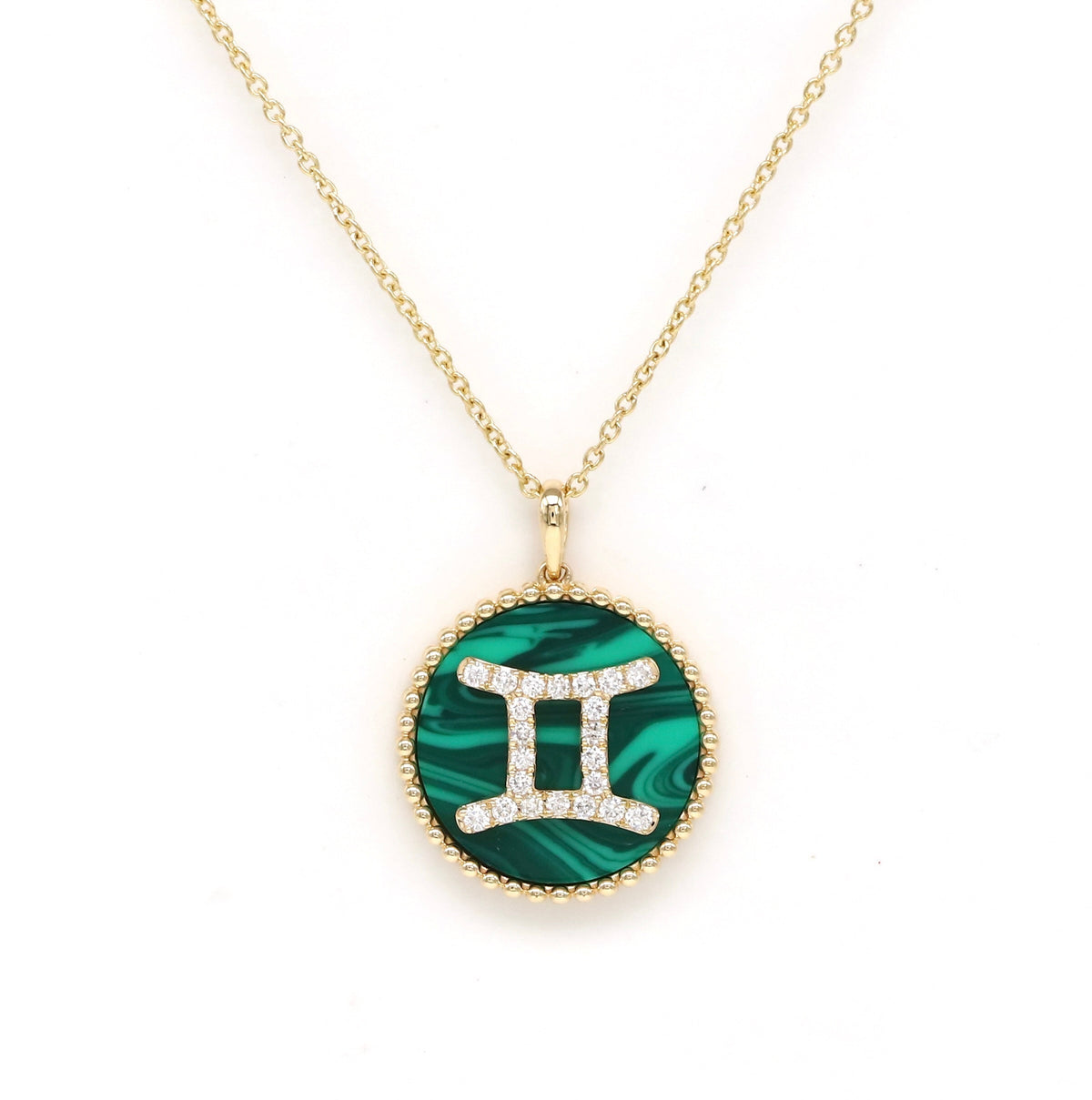 14K Gold Malachite & Diamond Gemini Zodiac Medallion Medallion ALP-227Y-GEM.ML  - Abtin & Co.