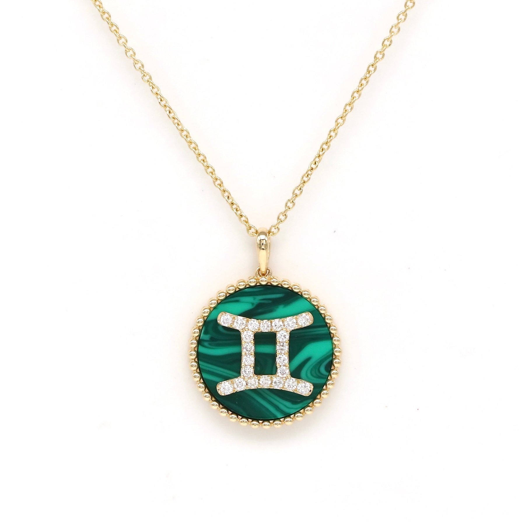 14K Gold Malachite & Diamond Gemini Zodiac Medallion Medallion ALP-227Y-GEM.ML  - Abtin & Co.