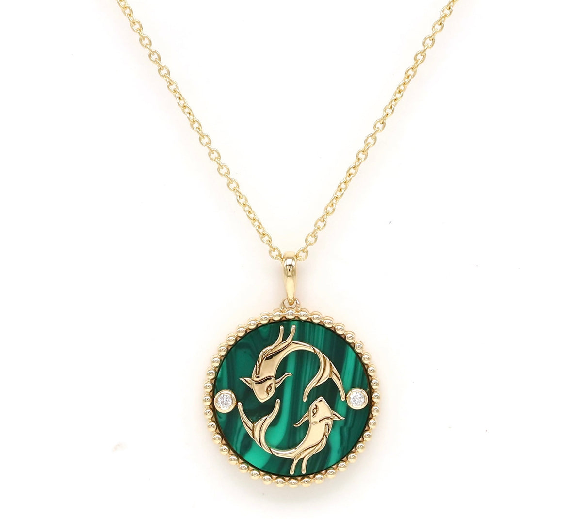 14K Gold Malachite & Diamond Pisces Horoscope Medallion Medallion ALP-225Y-PIS.ML  - Abtin & Co.
