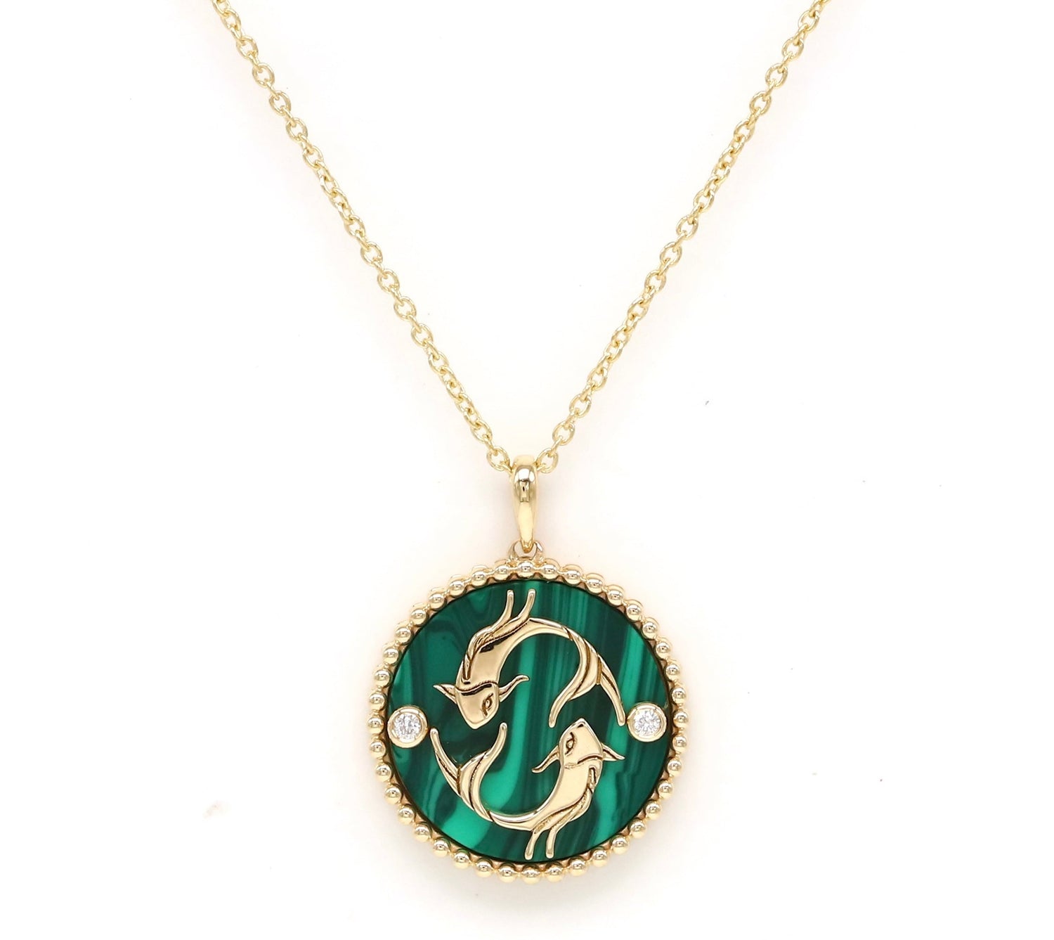 14K Gold Malachite & Diamond Pisces Horoscope Medallion Medallion ALP-225Y-PIS.ML  - Abtin & Co.