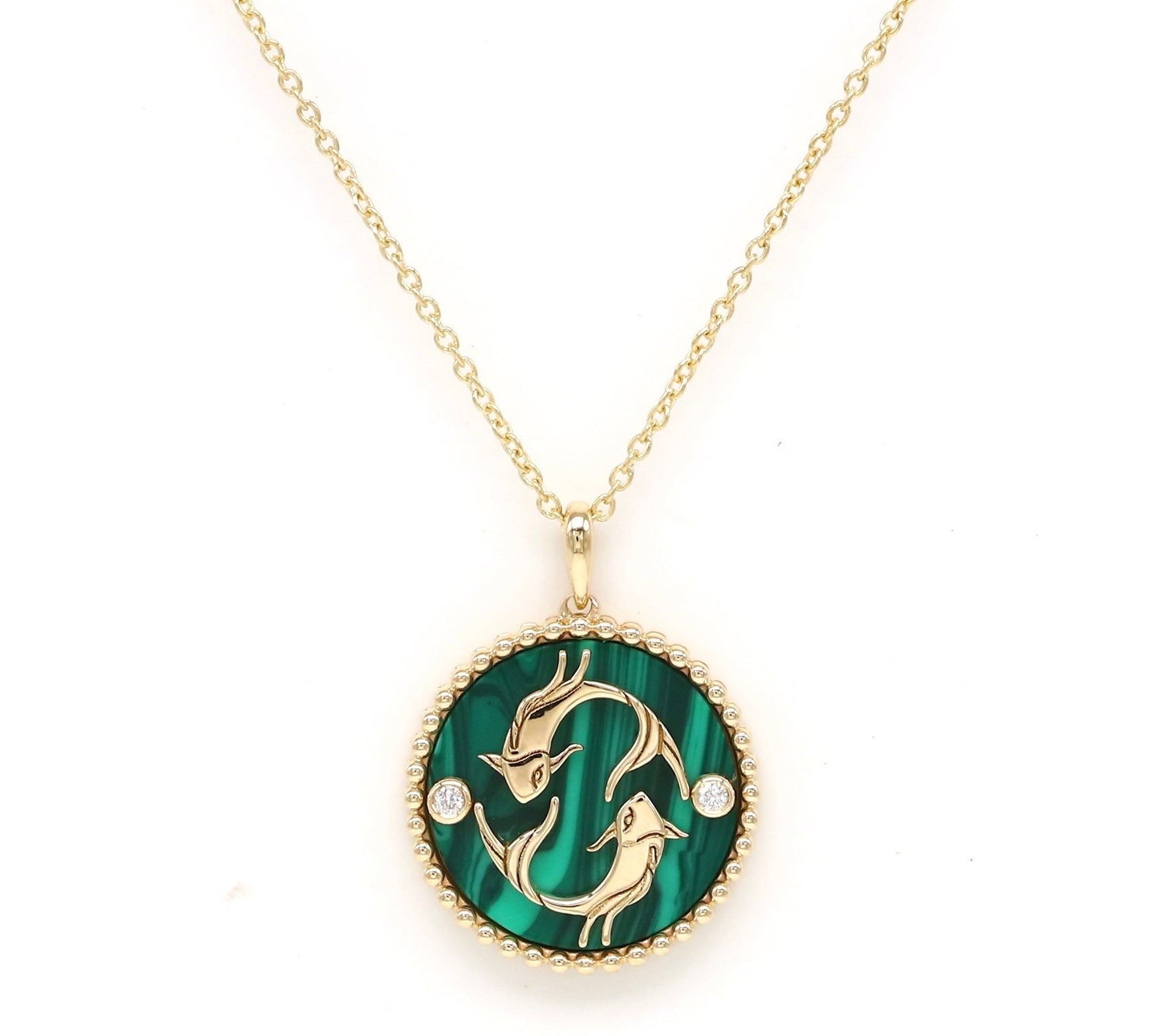 14K Gold Malachite & Diamond Pisces Horoscope Medallion Medallion ALP-225Y-PIS.ML  - Abtin & Co.