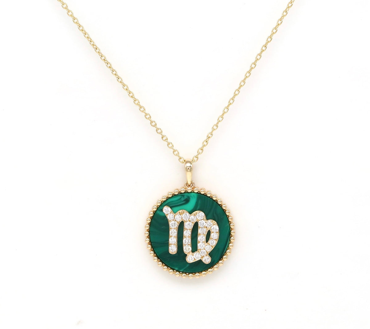 14K Gold Malachite & Diamond Virgo Zodiac Medallion Medallion ALP-227Y-VIR.ML  - Abtin & Co.