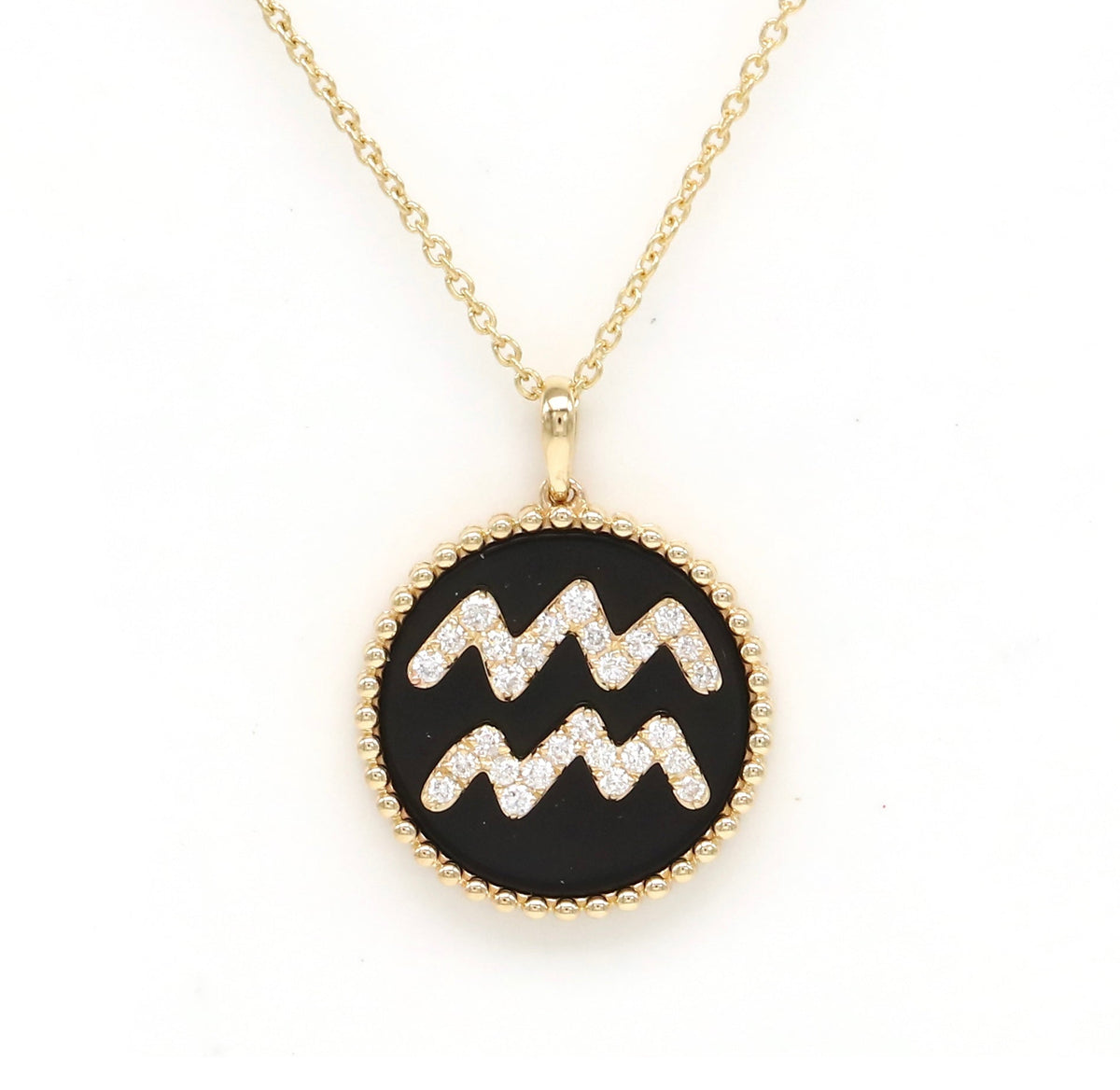 14K Gold Onyx & Diamond Aquarius Zodiac Medallion Medallion   - Abtin & Co.