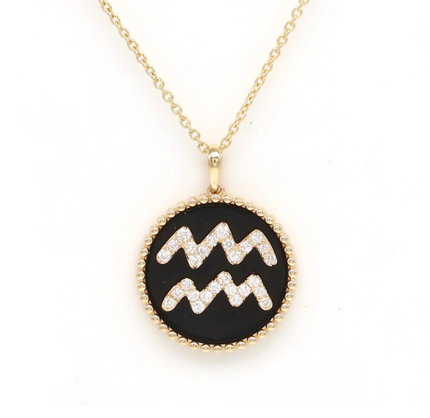 14K Gold Onyx & Diamond Aquarius Zodiac Medallion Medallion   - Abtin & Co.