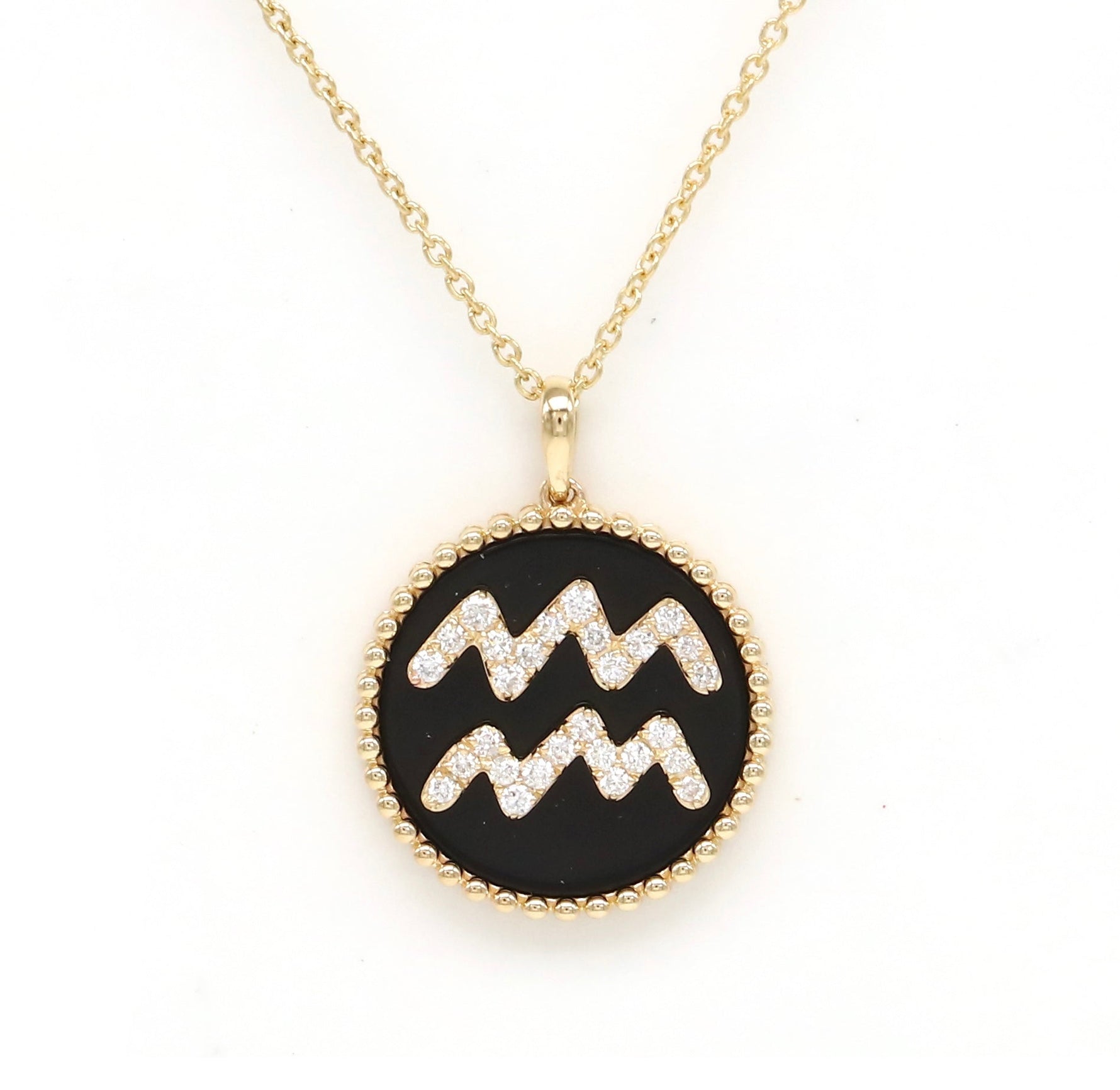 14K Gold Onyx & Diamond Aquarius Zodiac Medallion Medallion   - Abtin & Co.