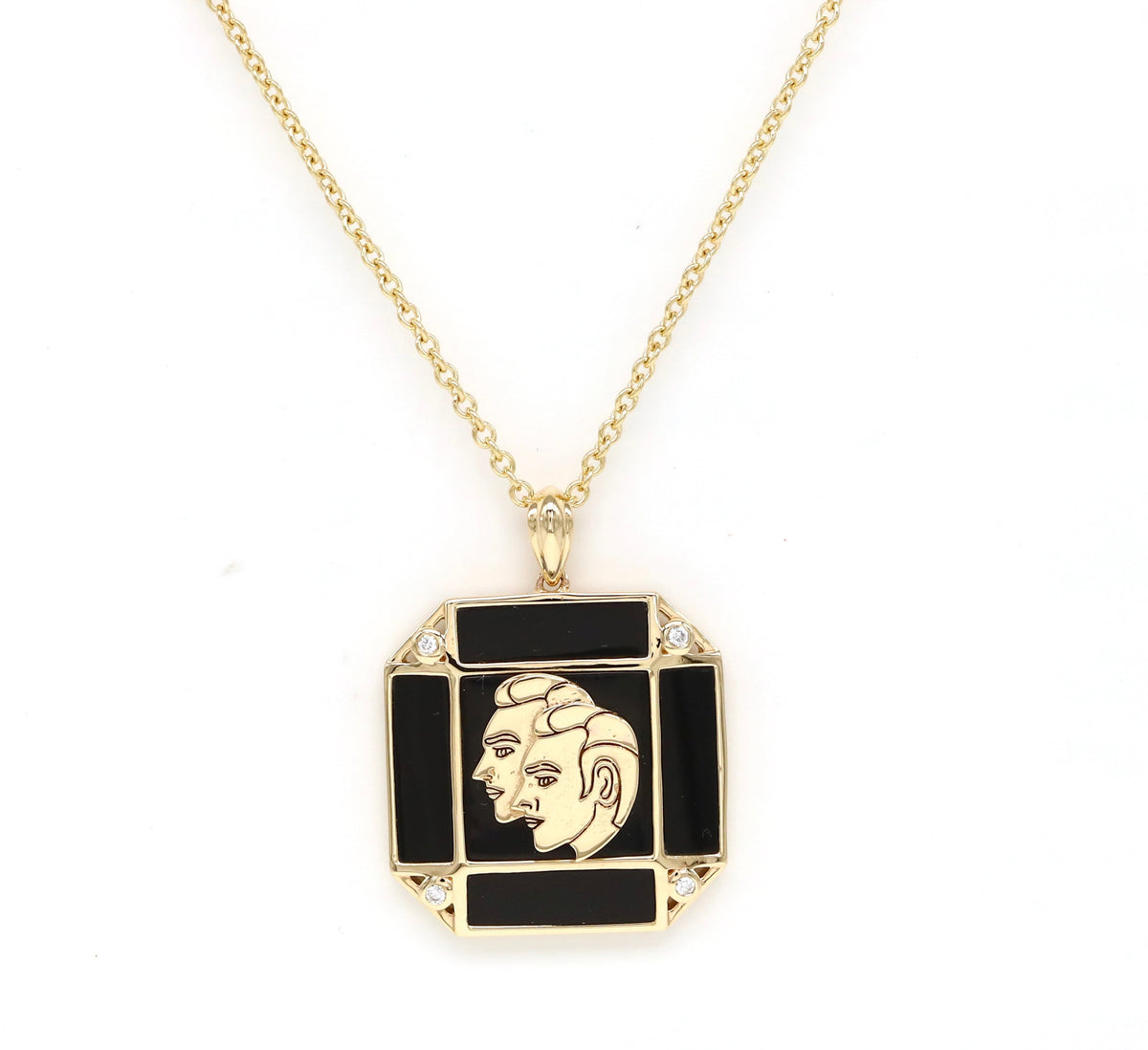 14K Gold Onyx & Diamond Gemini Horoscope Square Pendant Necklace Pendant ALP-226Y-GEM.ON  - Abtin & Co.