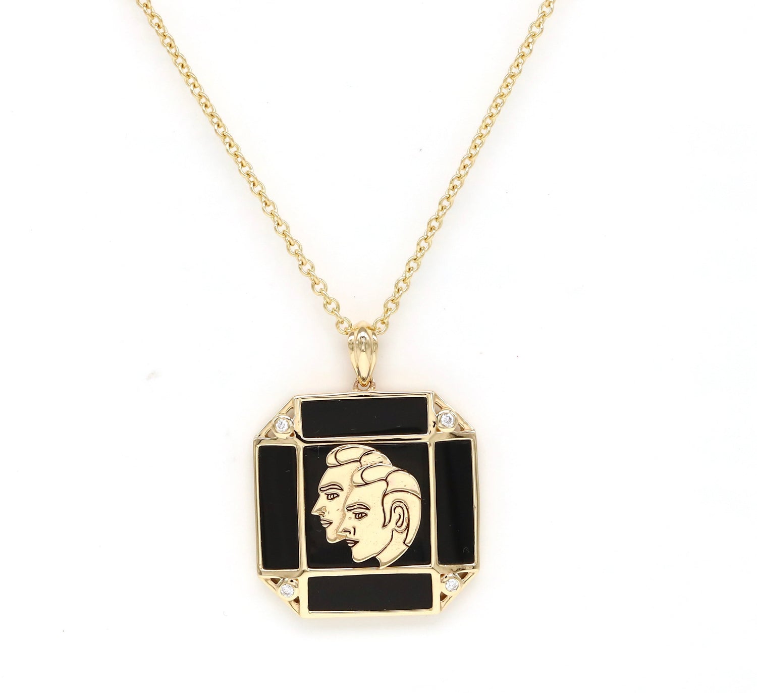 14K Gold Onyx & Diamond Gemini Horoscope Square Pendant Necklace Pendant ALP-226Y-GEM.ON  - Abtin & Co.