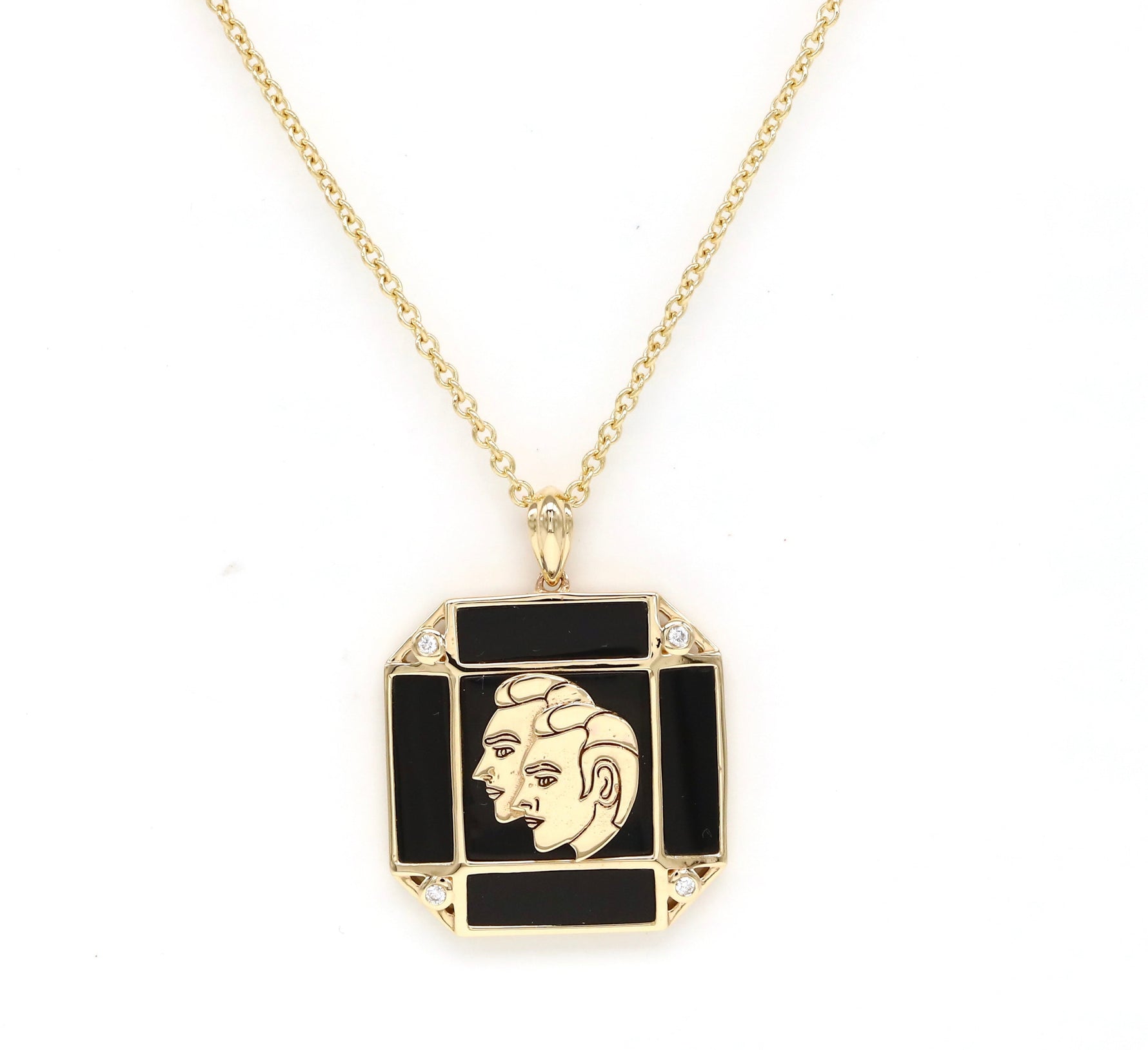 14K Gold Onyx & Diamond Gemini Horoscope Square Pendant Necklace Pendant ALP-226Y-GEM.ON  - Abtin & Co.