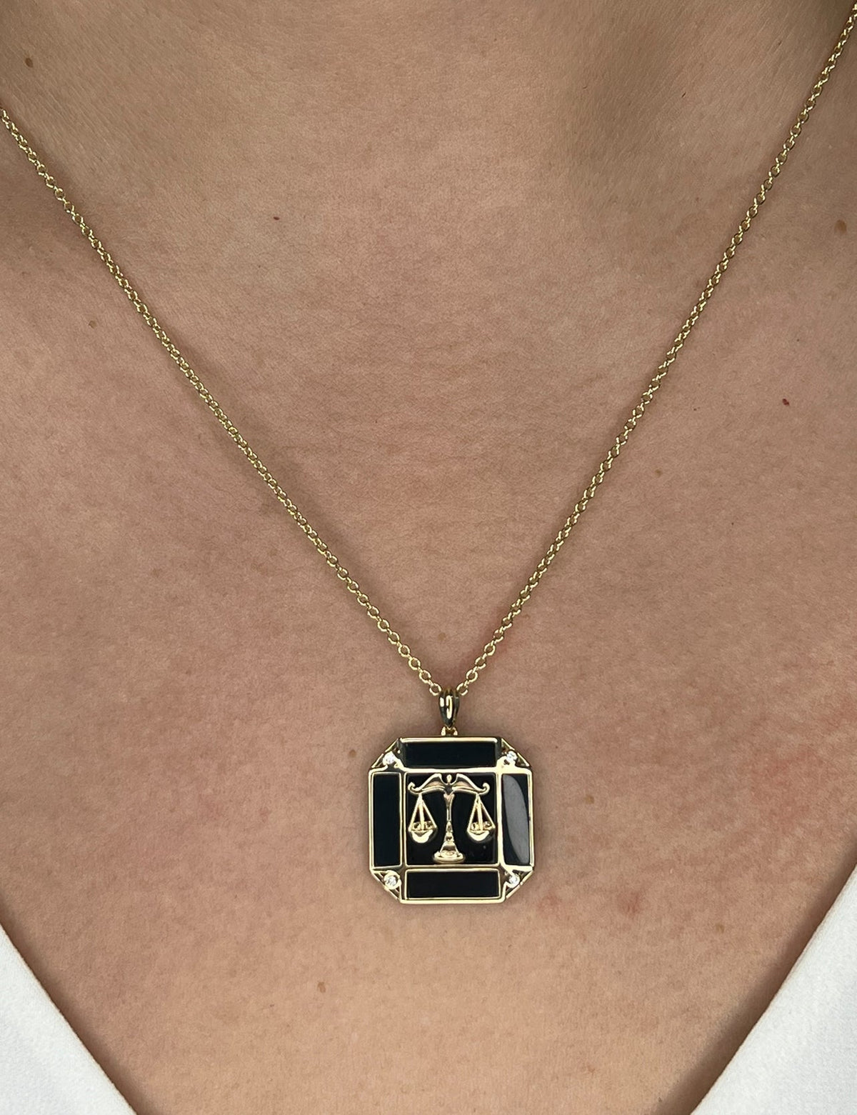 14K Gold Onyx & Diamond Libra Horoscope Square Pendant Necklace Pendant ALP-226Y-LIB.ON  - Abtin & Co.