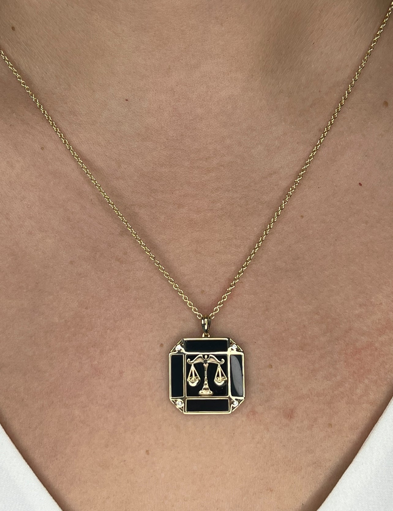 14K Gold Onyx & Diamond Libra Horoscope Square Pendant Necklace Pendant ALP-226Y-LIB.ON  - Abtin & Co.