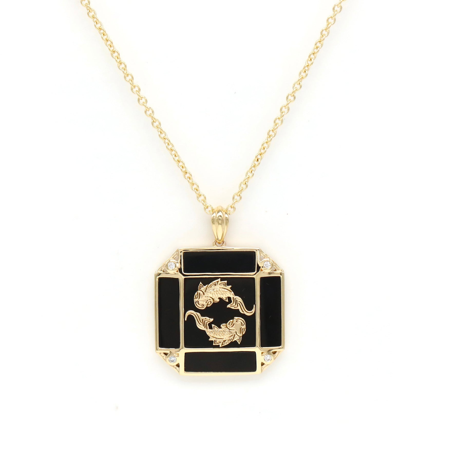 14K Gold Onyx & Diamond Pisces Horoscope Square Pendant Necklace Pendant ALP-226Y-PSI.LP  - Abtin & Co.