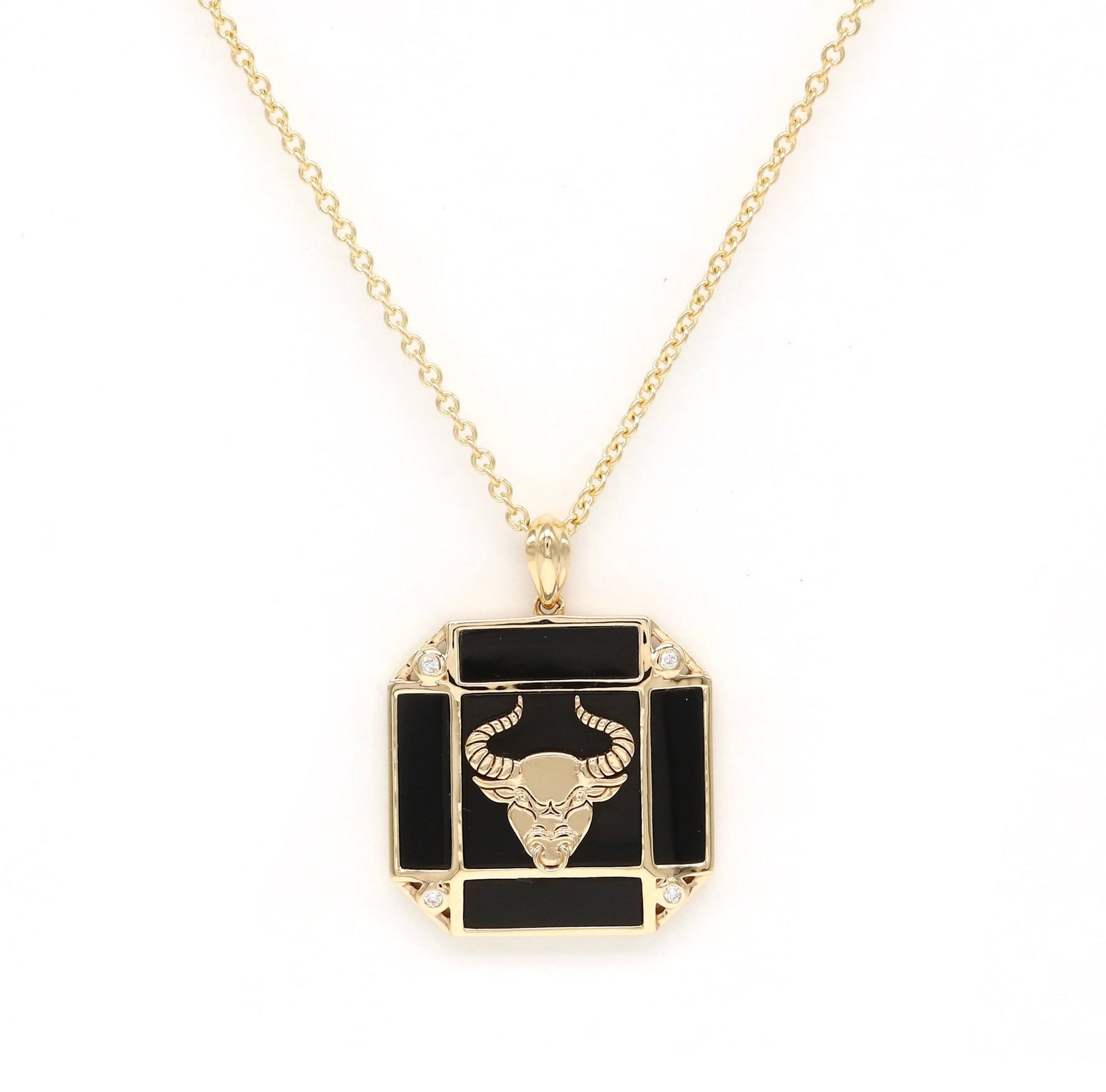 14K Gold Onyx & Diamond Taurus Horoscope Square Pendant Necklace Pendant ALP-226Y-TAU.ON  - Abtin & Co.