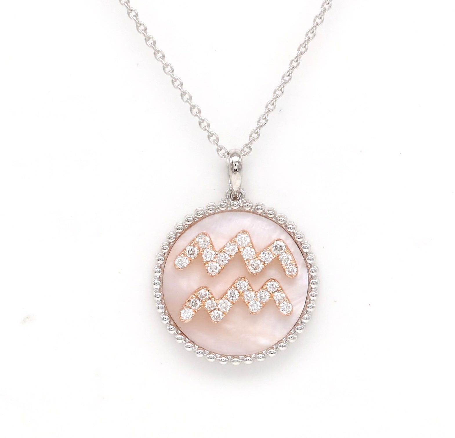 14K Gold Pink Mother of Pearl & Diamond Aquarius Zodiac Medallion Medallion ALP-227R-AQU.PM  - Abtin & Co.