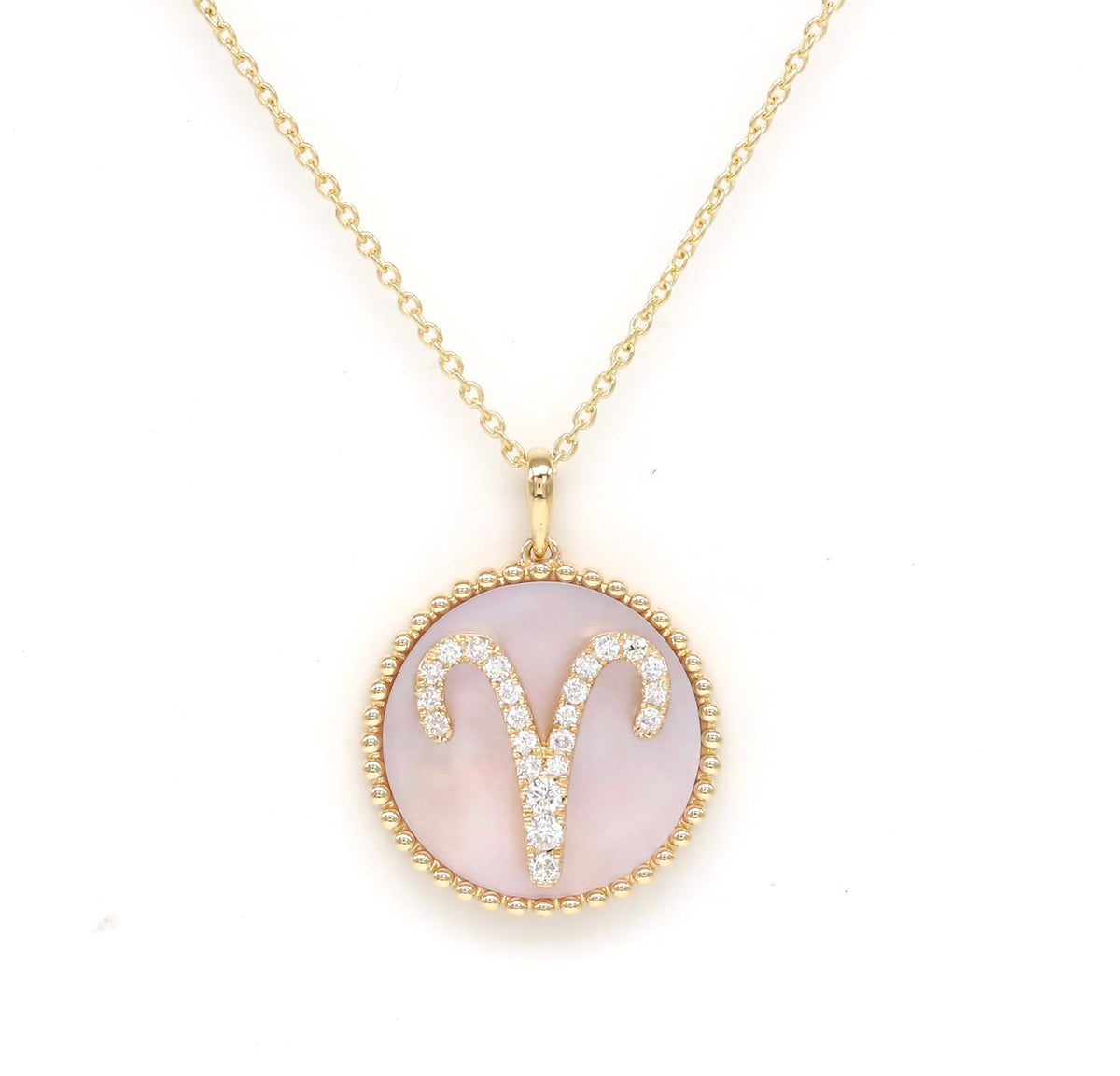 14K Gold Pink Mother of Pearl & Diamond Aries Zodiac Medallion Medallion   - Abtin & Co.