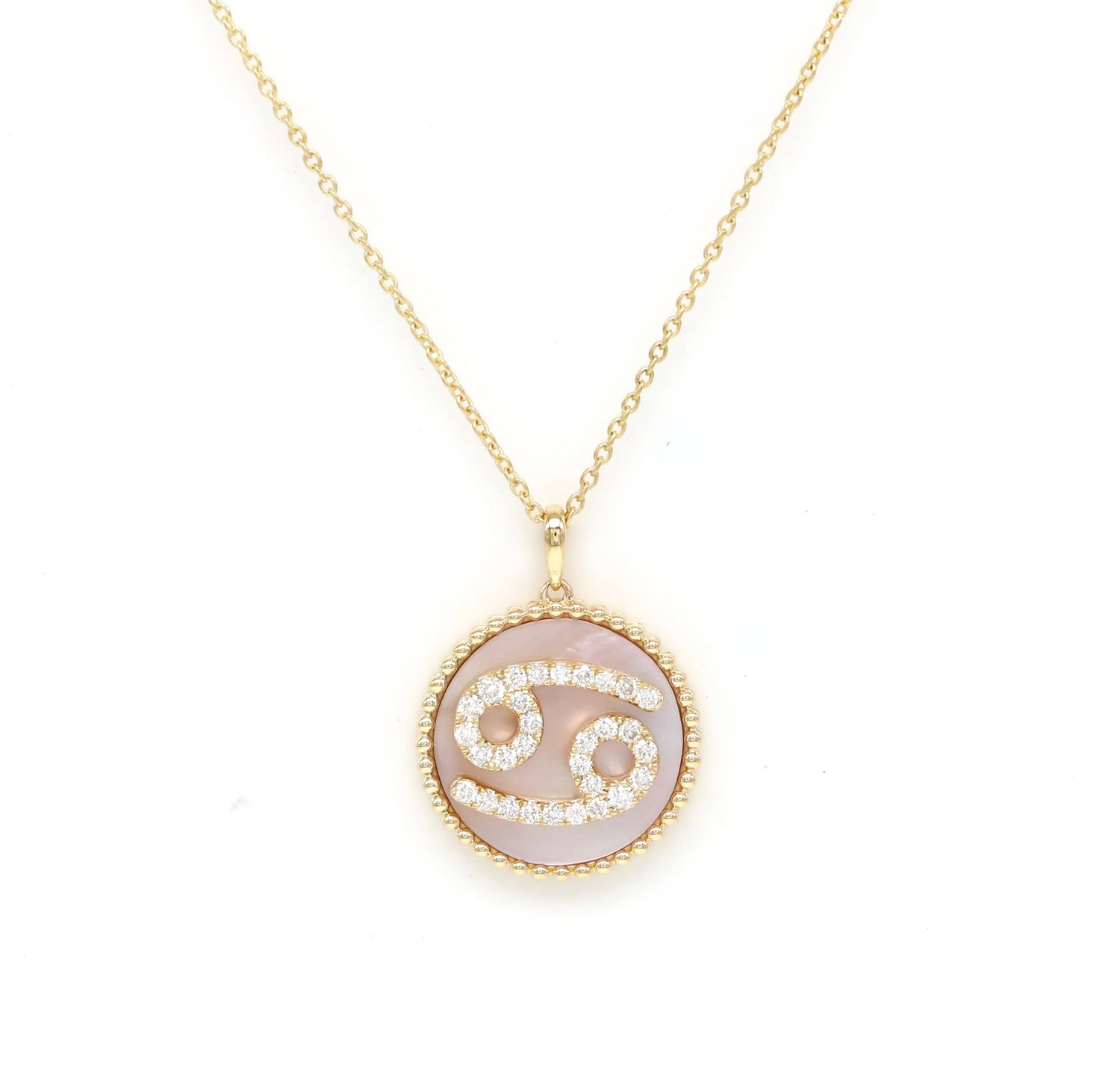14K Gold Pink Mother of Pearl & Diamond Cancer Zodiac Medallion Medallion ALP-227Y-CAN.PM  - Abtin & Co.