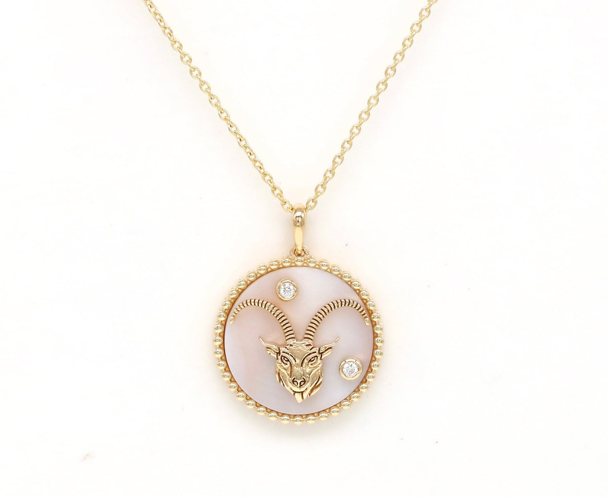 14K Gold Pink Mother of Pearl & Diamond Capricorn Horoscope Medallion Medallion ALP-225Y-CAP.PM-1  - Abtin & Co.