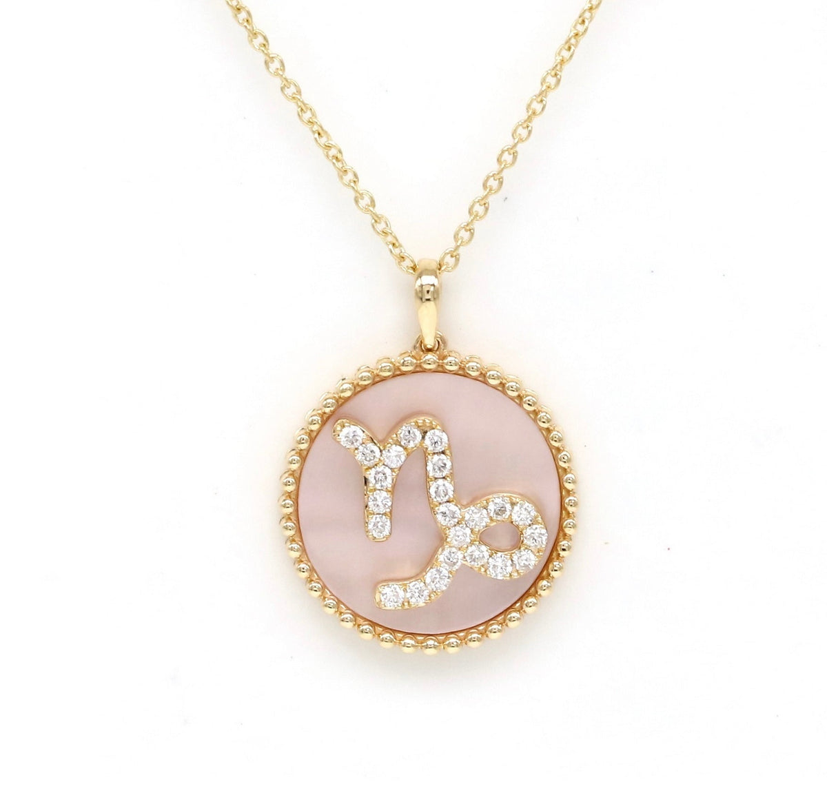 14K Gold Pink Mother of Pearl & Diamond Capricorn Zodiac Medallion Medallion ALP-227Y-CAP.PM  - Abtin & Co.