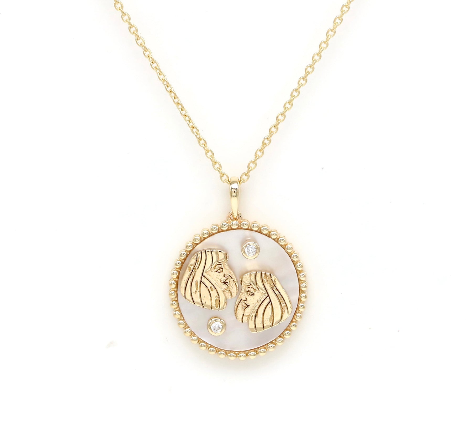 14K Gold Pink Mother of Pearl & Diamond Gemini Horoscope Medallion Medallion ALP-225Y-GEM.PM  - Abtin & Co.