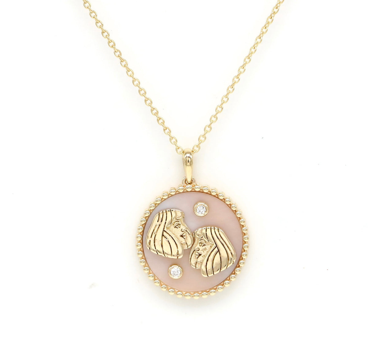 14K Gold Pink Mother of Pearl & Diamond Gemini Horoscope Medallion Medallion ALP-225Y-GEM.PM  - Abtin & Co.
