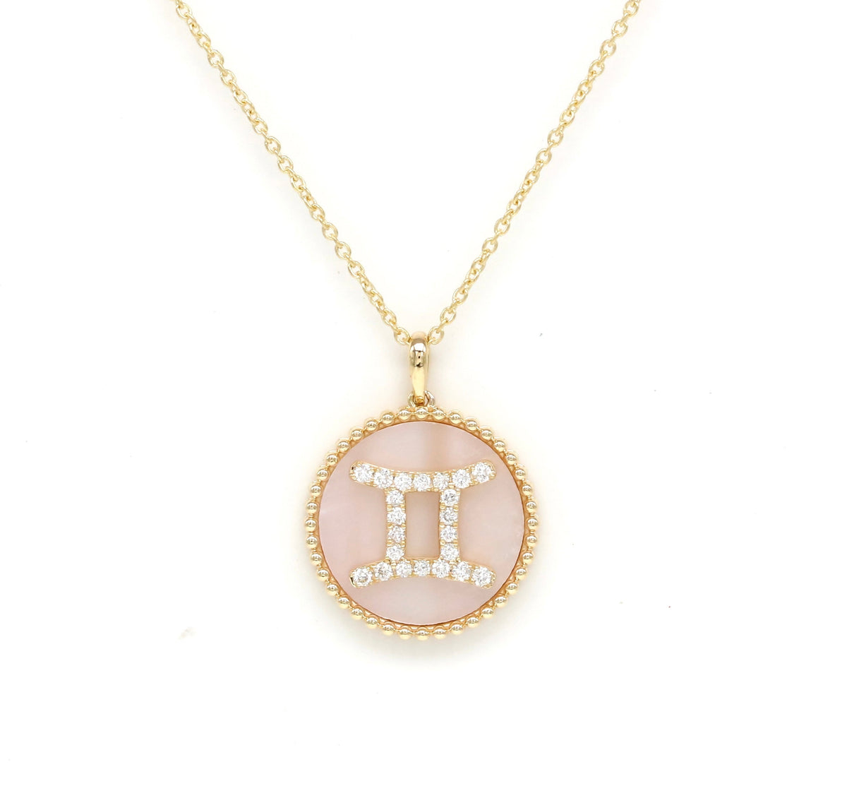 14K Gold Pink Mother of Pearl & Diamond Gemini Zodiac Medallion Medallion   - Abtin & Co.