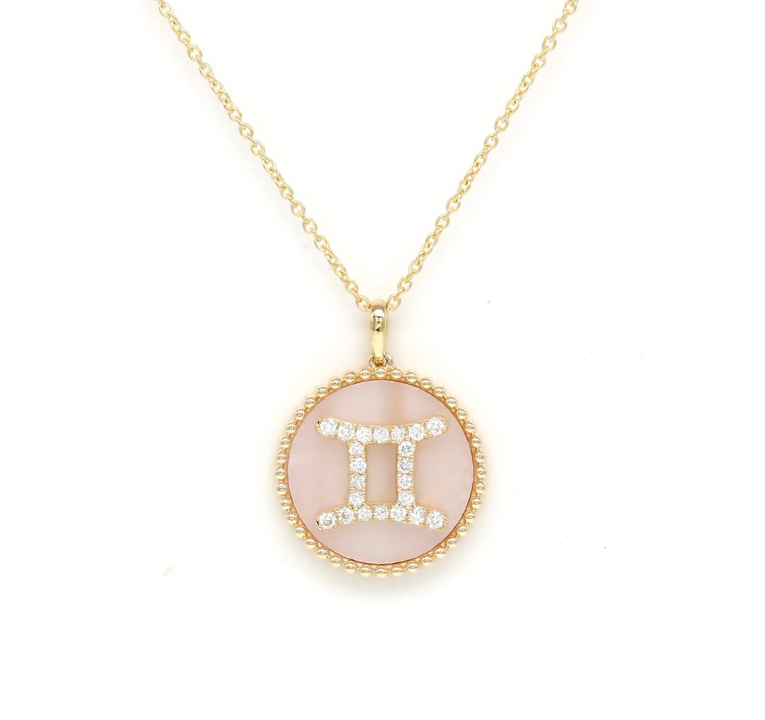 14K Gold Pink Mother of Pearl & Diamond Gemini Zodiac Medallion Medallion   - Abtin & Co.