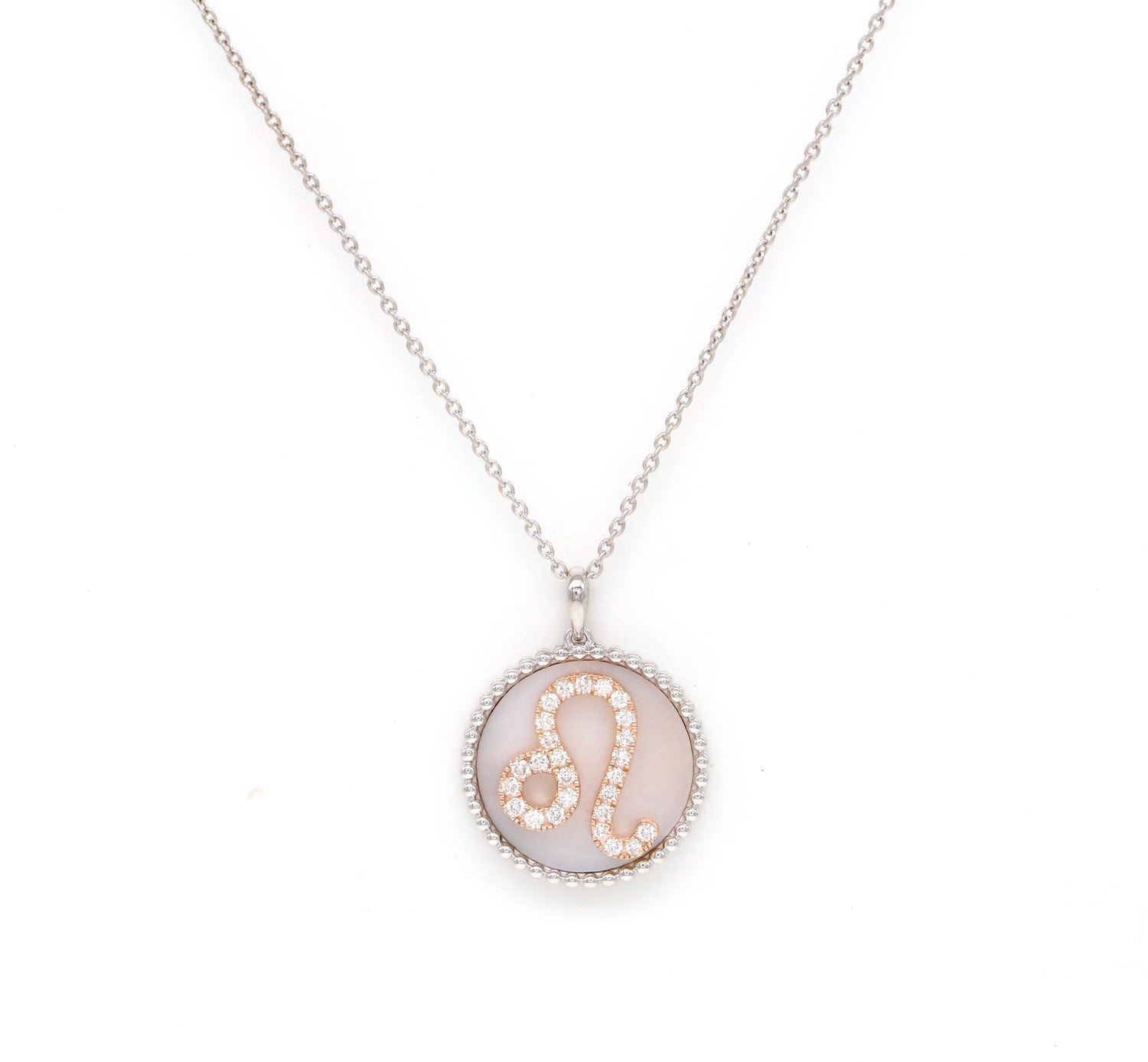14K Gold Pink Mother of Pearl & Diamond Leo Zodiac Medallion Medallion ALP-227Y-LEO.PM  - Abtin & Co.