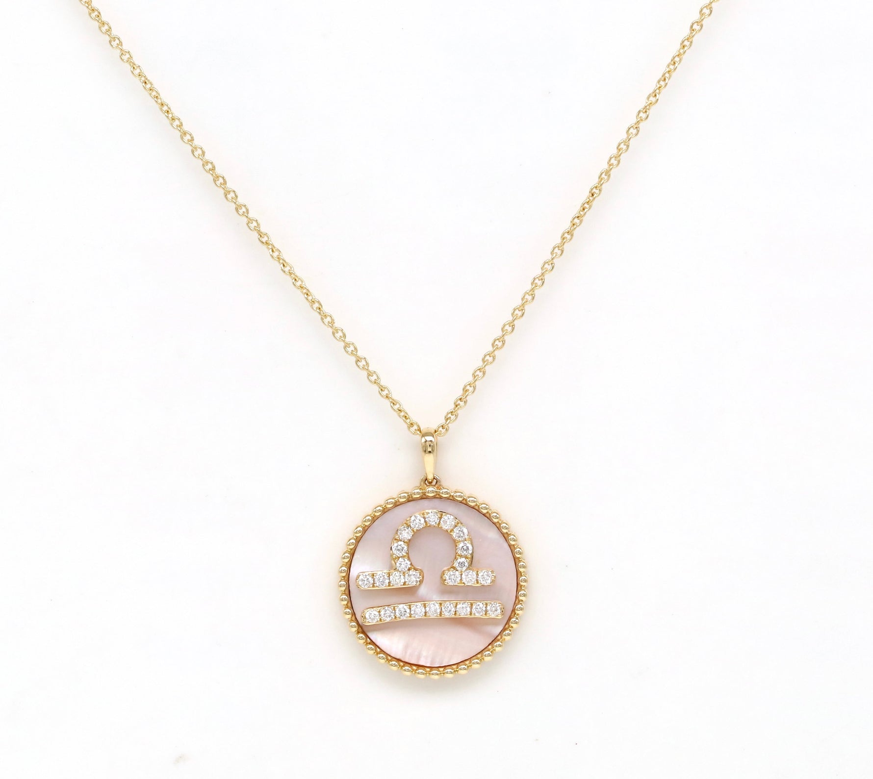 14K Gold Pink Mother of Pearl & Diamond Libra Zodiac Medallion Medallion ALP-227Y-LIB.PM  - Abtin & Co.
