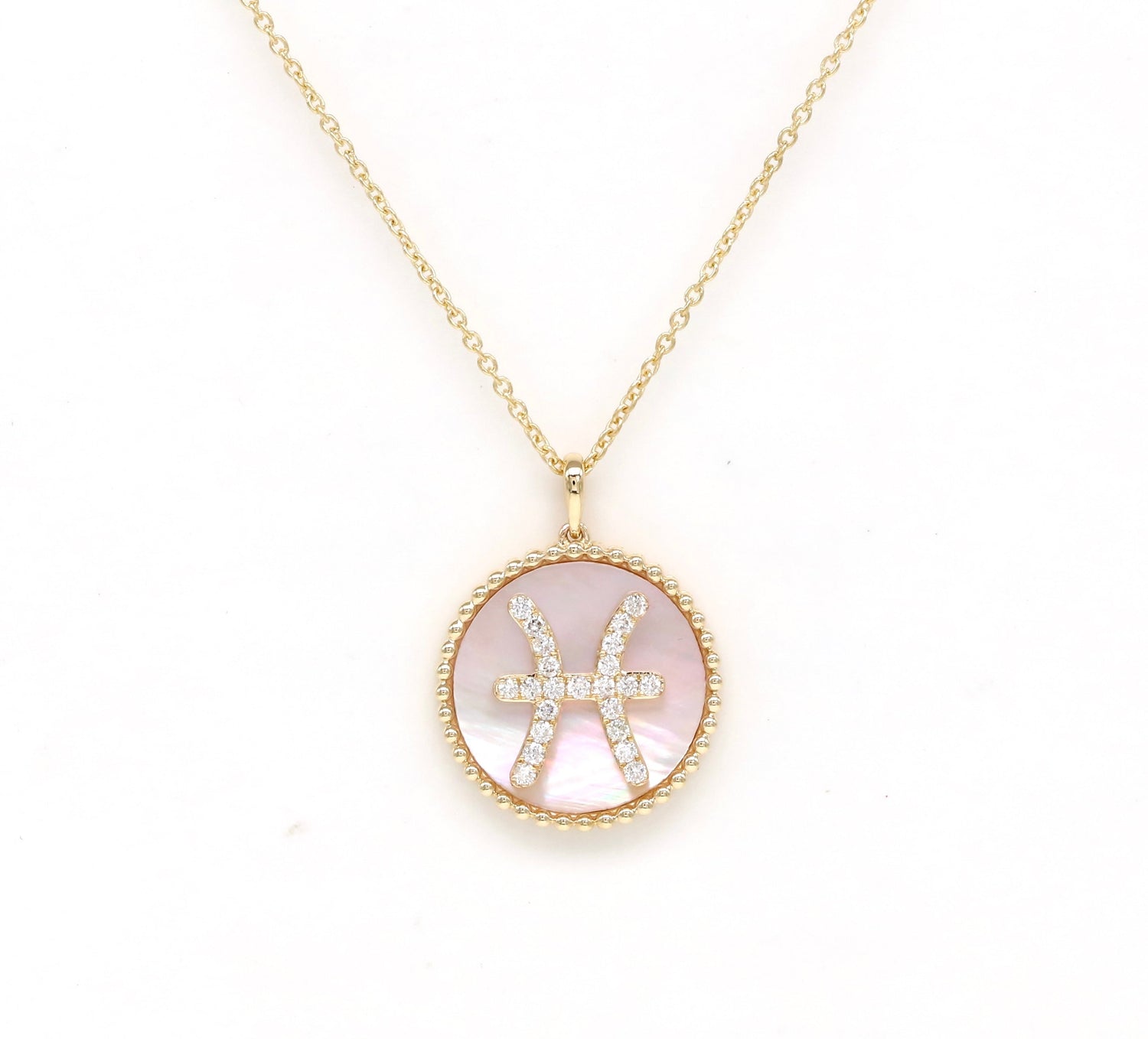 14K Gold Pink Mother of Pearl & Diamond Pisces Zodiac Medallion Medallion ALP-227Y-PIS.PM  - Abtin & Co.