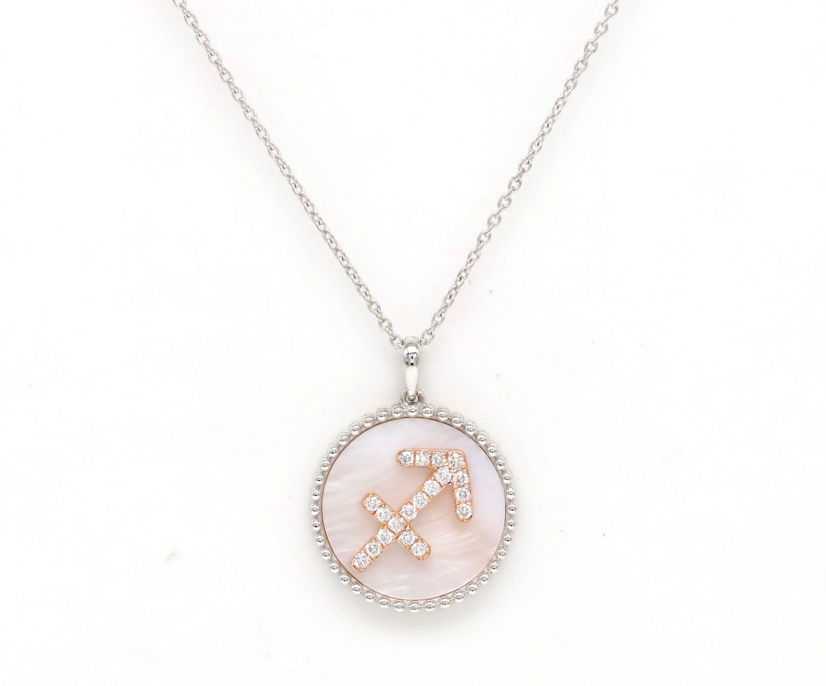 14K Gold Pink Mother of Pearl & Diamond Sagittarius Zodiac Medallion Medallion ALP-227Y-SAG.PM  - Abtin & Co.