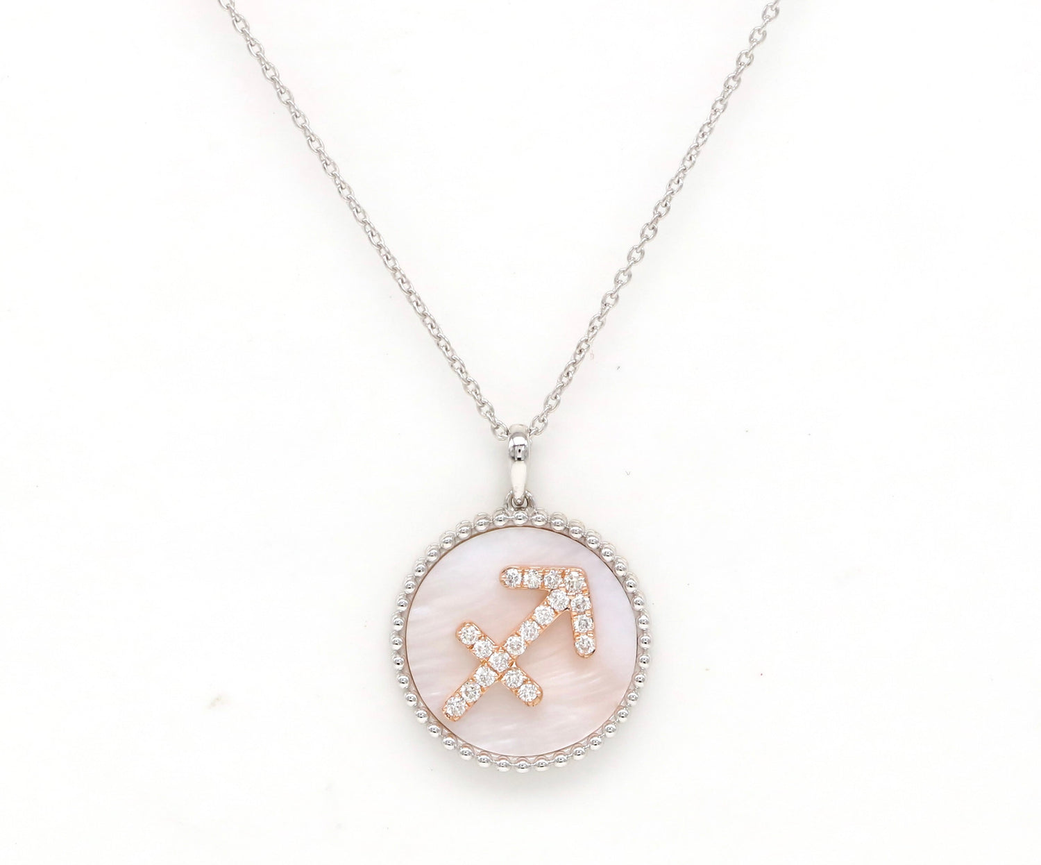 14K Gold Pink Mother of Pearl & Diamond Sagittarius Zodiac Medallion Medallion ALP-227Y-SAG.PM  - Abtin & Co.