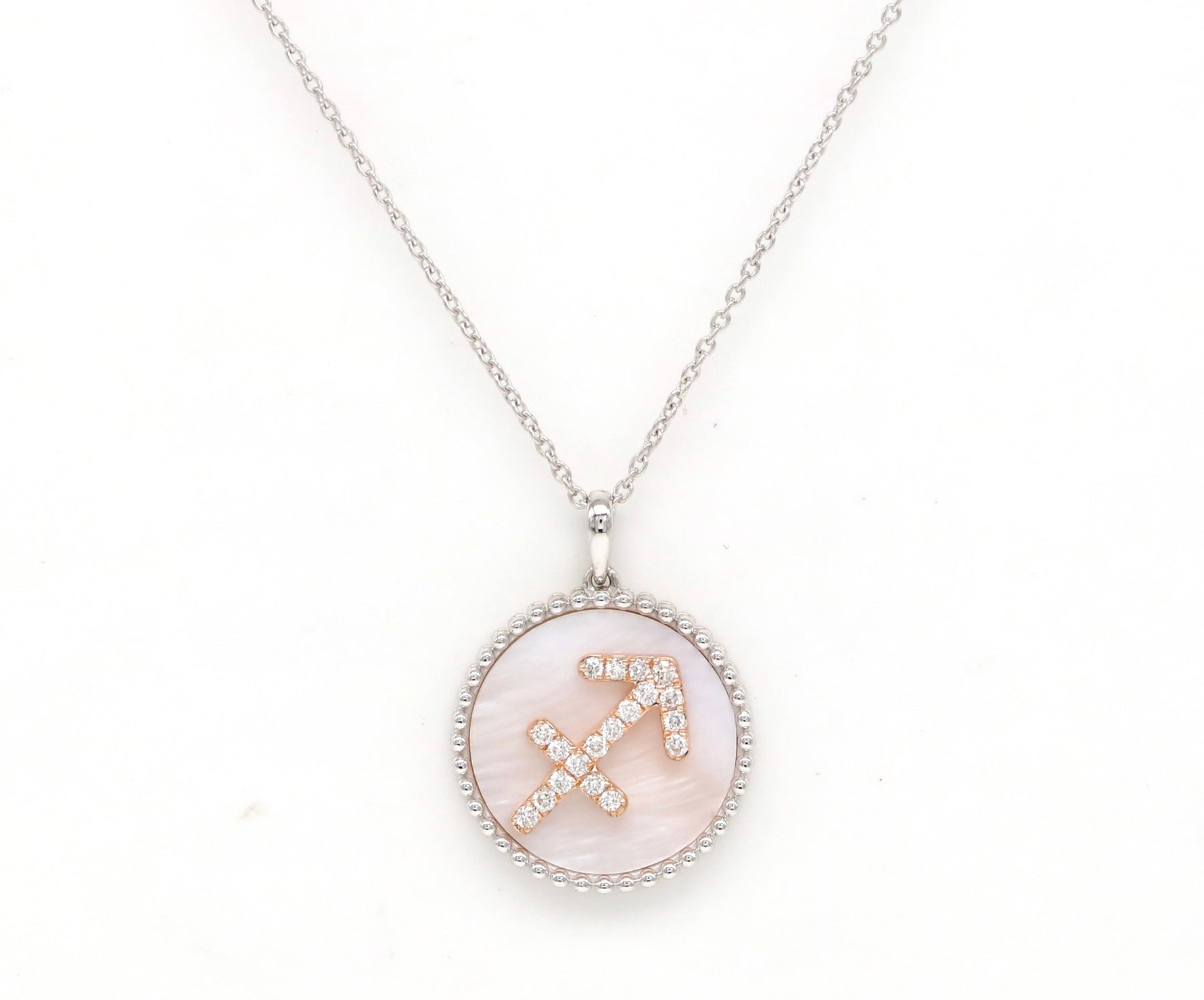 14K Gold Pink Mother of Pearl & Diamond Sagittarius Zodiac Medallion Medallion ALP-227Y-SAG.PM  - Abtin & Co.