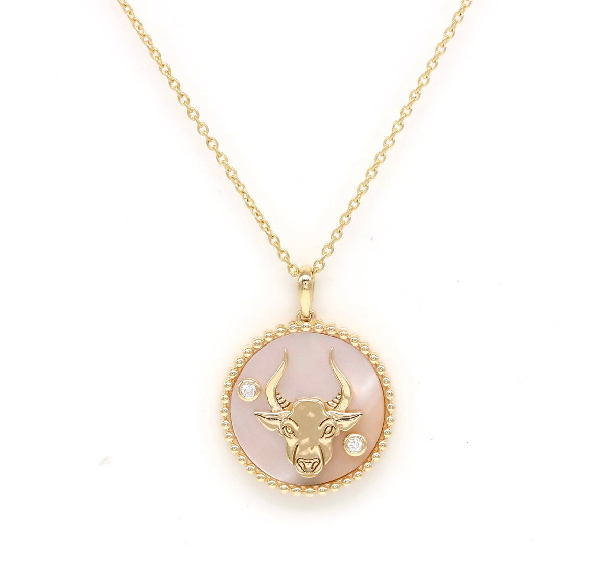 14K Gold Pink Mother of Pearl & Diamond Taurus Horoscope Medallion Medallion ALP-226Y-TAU.PM  - Abtin & Co.
