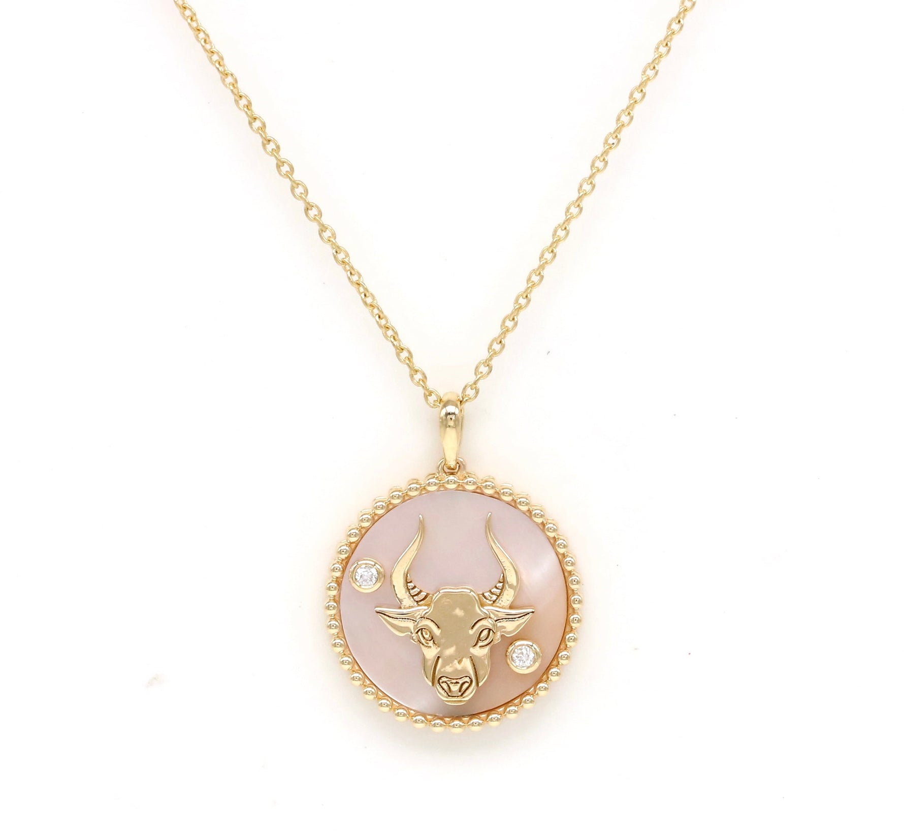 14K Gold Pink Mother of Pearl & Diamond Taurus Horoscope Medallion Medallion ALP-226Y-TAU.PM  - Abtin & Co.