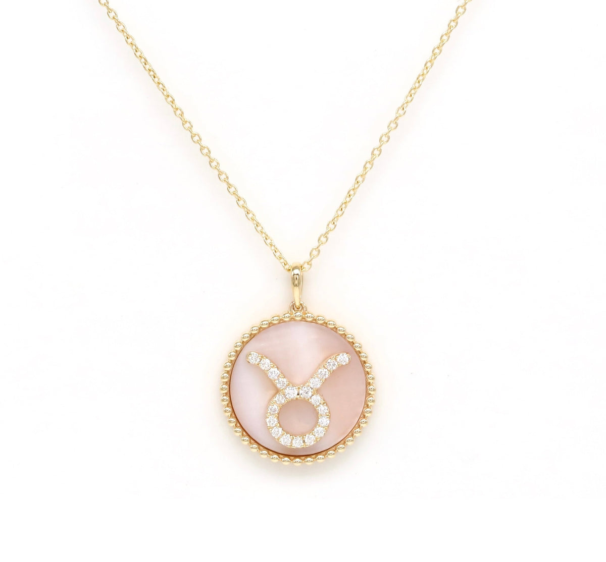 14K Gold Pink Mother of Pearl & Diamond Taurus Zodiac Medallion Medallion ALP-227Y-TAU.PM  - Abtin & Co.