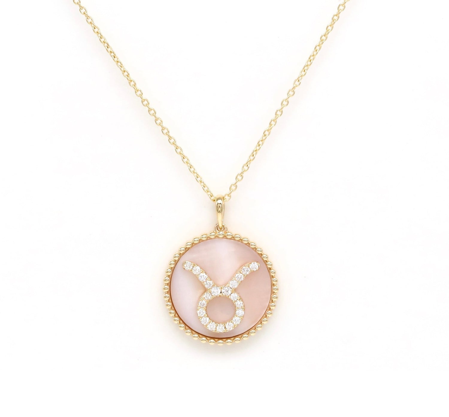 14K Gold Pink Mother of Pearl & Diamond Taurus Zodiac Medallion Medallion ALP-227Y-TAU.PM  - Abtin & Co.