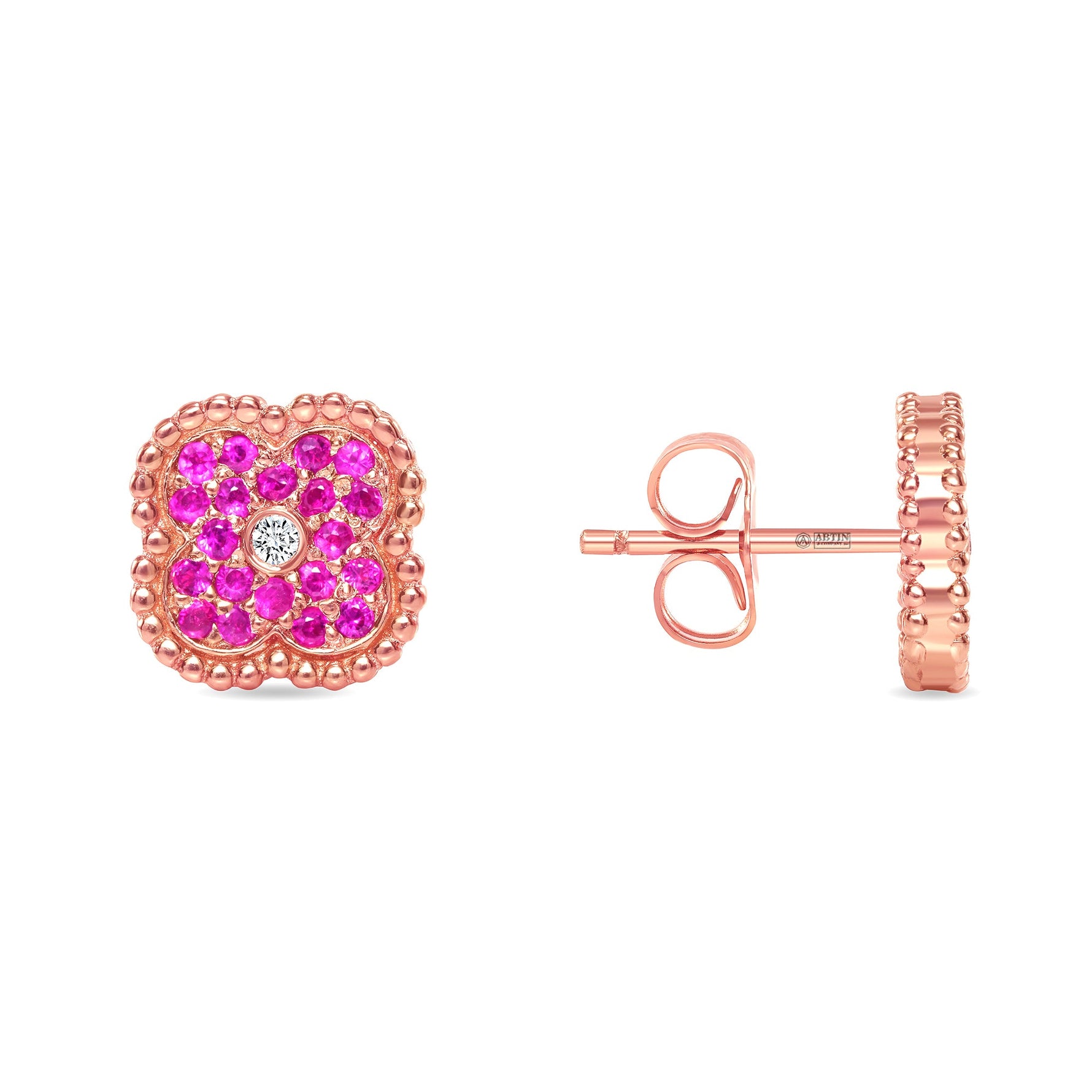 14K Gold Pink Sapphire & Diamond Floral Studs Earrings Earring   - Abtin & Co.