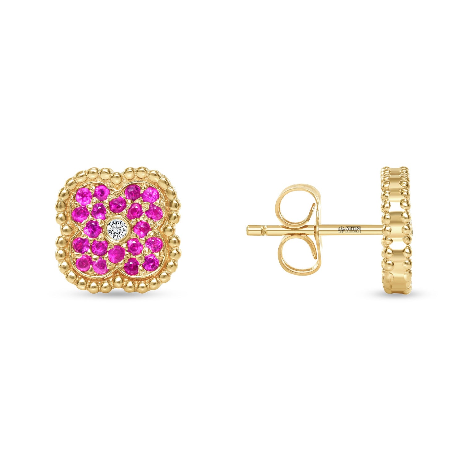 14K Gold Pink Sapphire & Diamond Floral Studs Earrings Earring   - Abtin & Co.