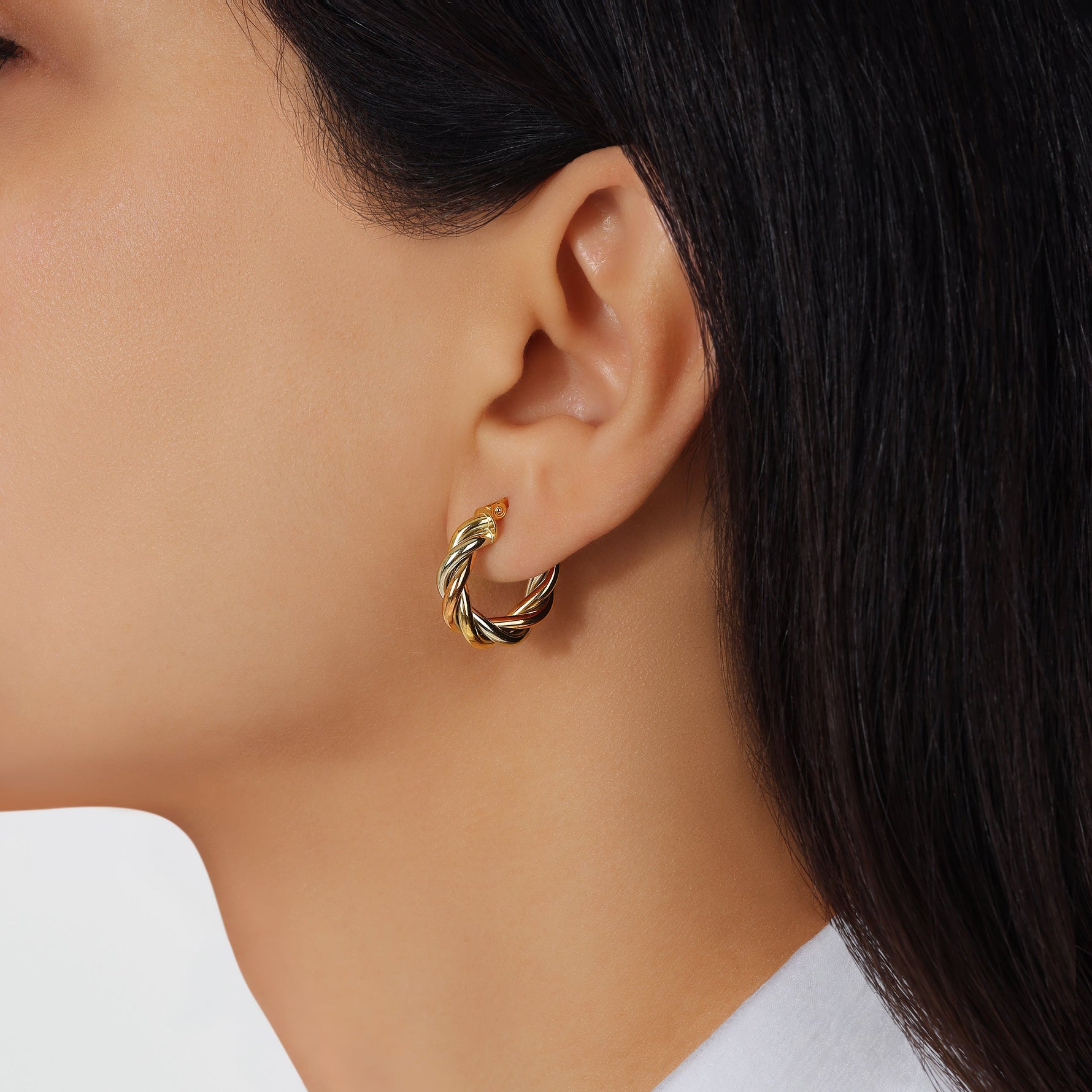 14K Gold Tri Color Twisted Hoop Earrings Earring ABGE-126-G  - Abtin & Co.