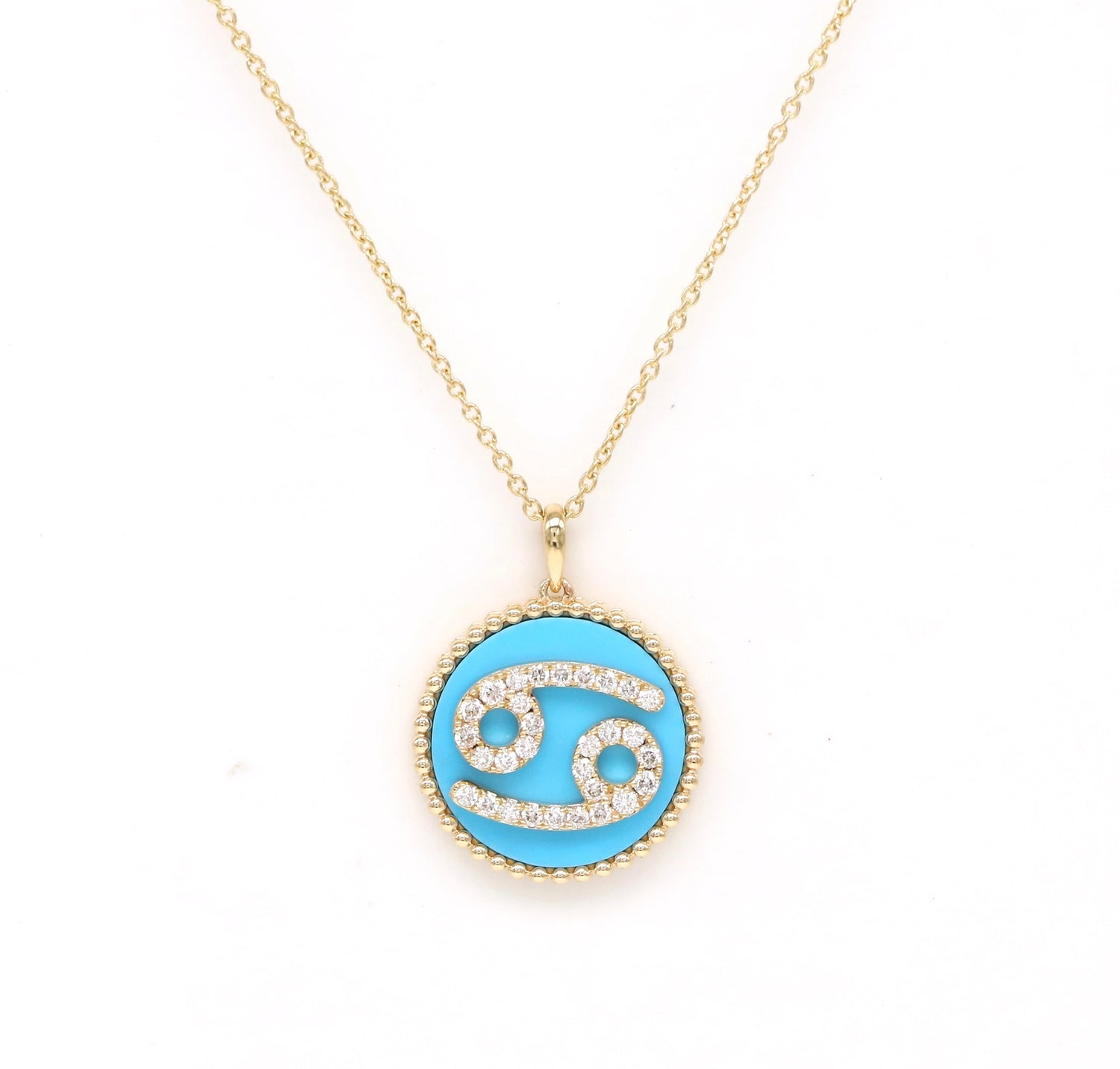 14K Gold Turquoise & Diamond Cancer Zodiac Medallion Medallion   - Abtin & Co.