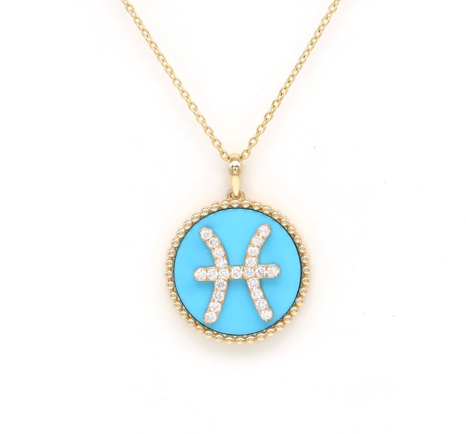 14K Gold Turquoise & Diamond Pisces Zodiac Medallion Medallion   - Abtin & Co.