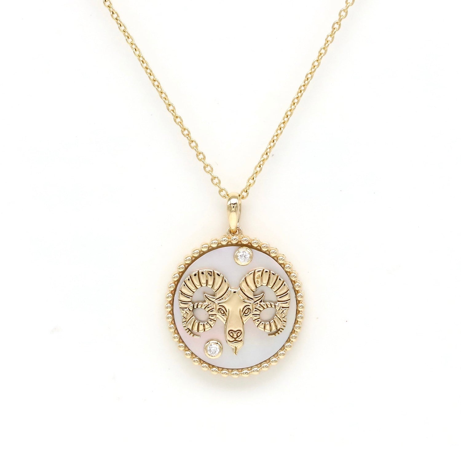 14K Gold White Mother of Pearl & Diamond Aries Horoscope Medallion Medallion ALP-225Y-ARI.TR  - Abtin & Co.