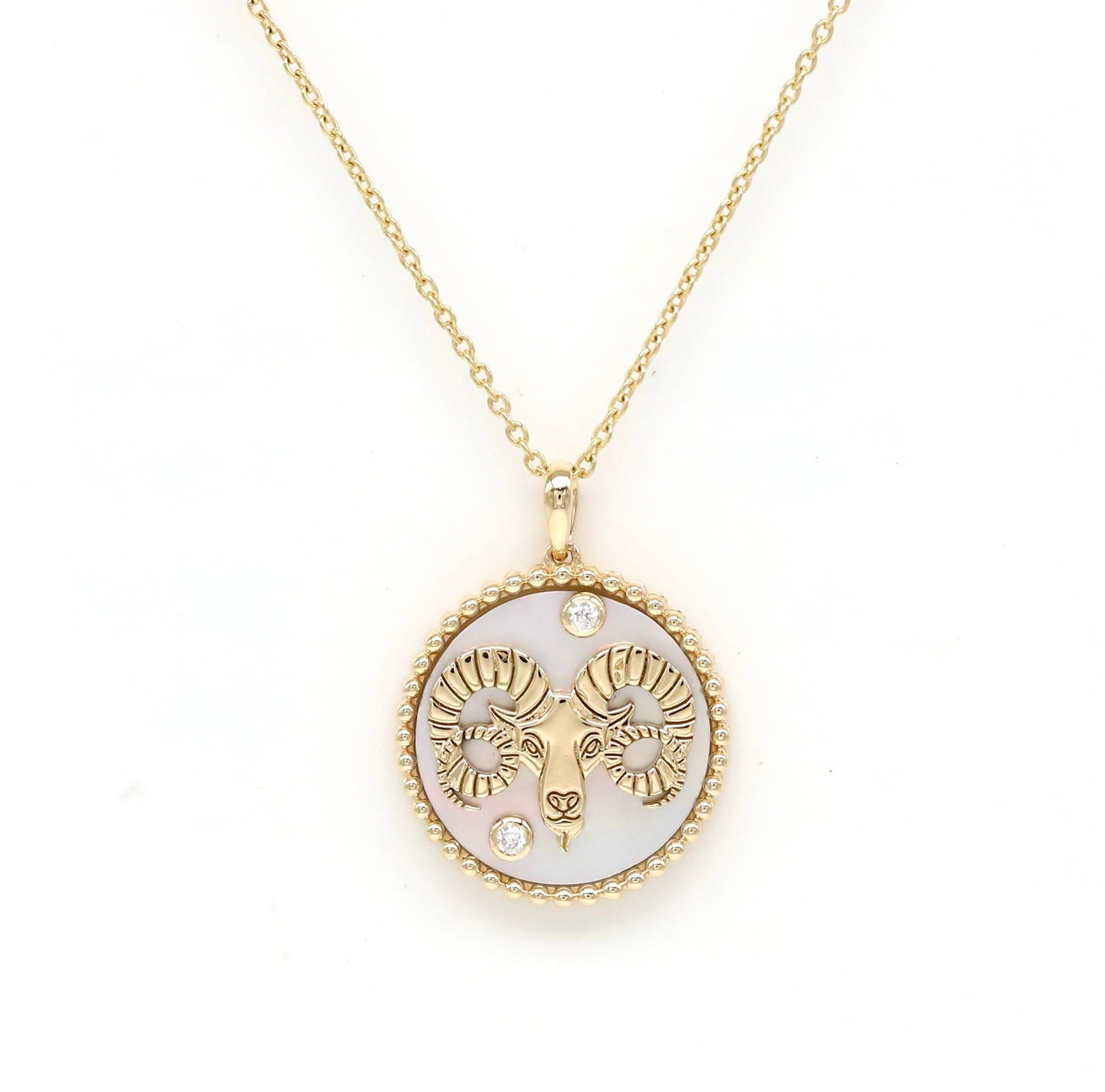 14K Gold White Mother of Pearl & Diamond Aries Horoscope Medallion Medallion ALP-225Y-ARI.TR  - Abtin & Co.