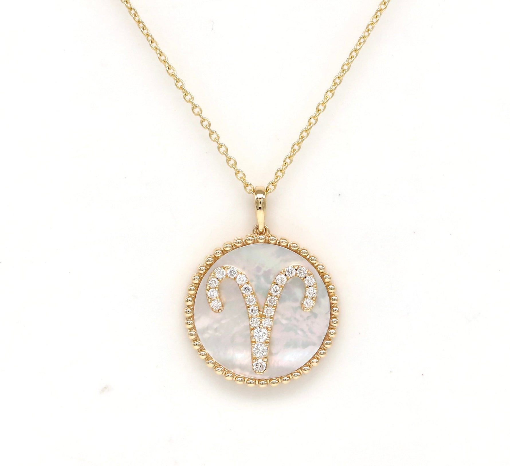 14K Gold White Mother of Pearl & Diamond Aries Zodiac Medallion Medallion ALP-227Y-ARI.WM  - Abtin & Co.