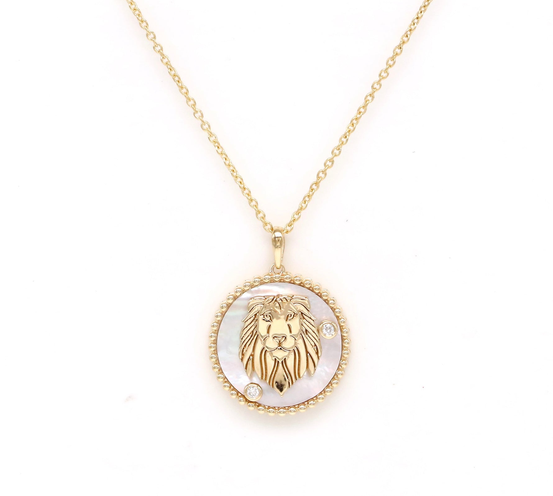 14K Gold White Mother of Pearl & Diamond Leo Horoscope Medallion Medallion ALP-225Y-LEO.WM  - Abtin & Co.