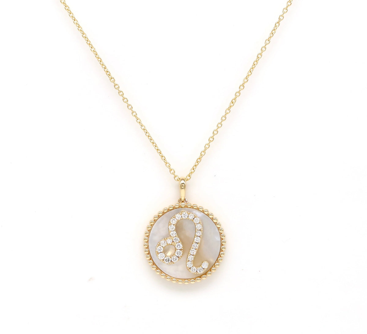 14K Gold White Mother of Pearl & Diamond Leo Zodiac Medallion Medallion ALP-227Y-LEO.WM  - Abtin & Co.