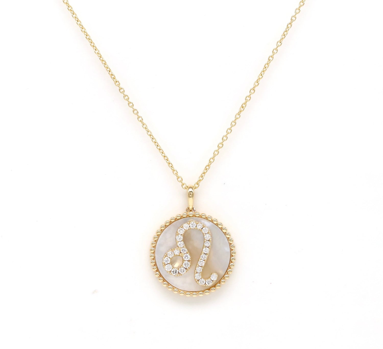 14K Gold White Mother of Pearl & Diamond Leo Zodiac Medallion Medallion ALP-227Y-LEO.WM  - Abtin & Co.