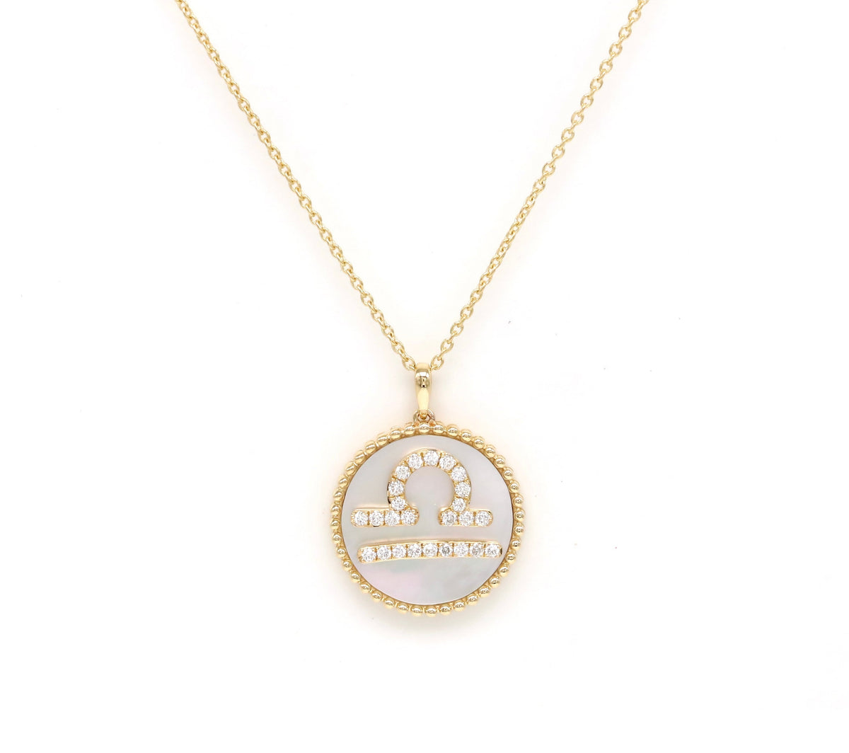 14K Gold White Mother of Pearl & Diamond Libra Zodiac Medallion Medallion ALP-227Y-LIB.ML  - Abtin & Co.