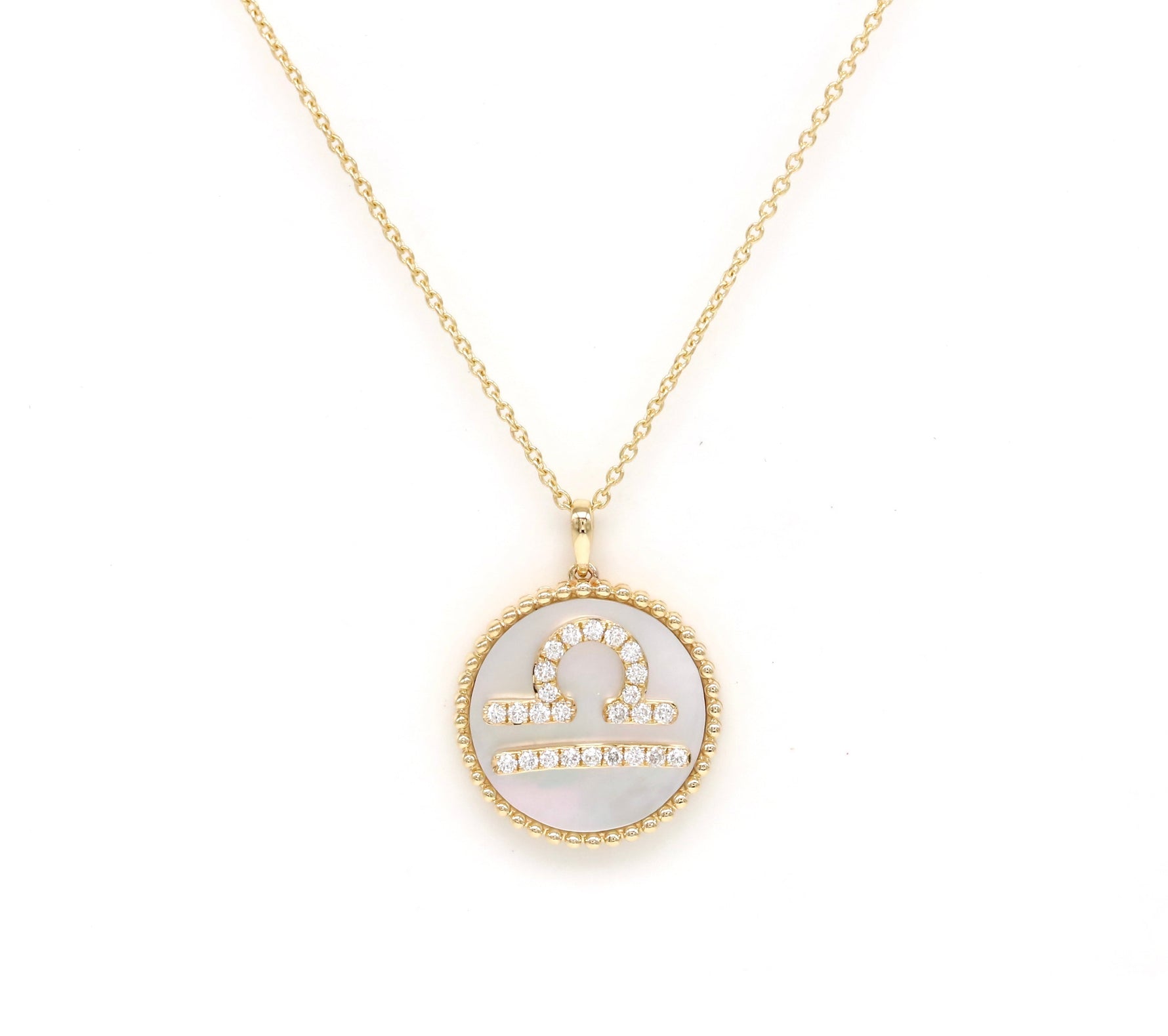 14K Gold White Mother of Pearl & Diamond Libra Zodiac Medallion Medallion ALP-227Y-LIB.ML  - Abtin & Co.