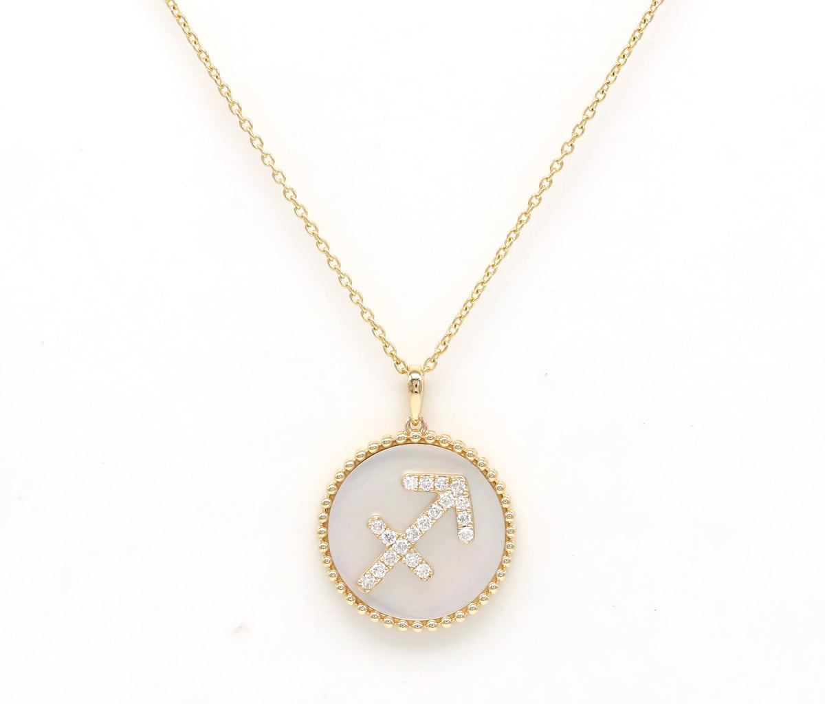 14K Gold White Mother of Pearl & Diamond Sagittarius Zodiac Medallion Medallion ALP-227Y-SAG.WM  - Abtin & Co.