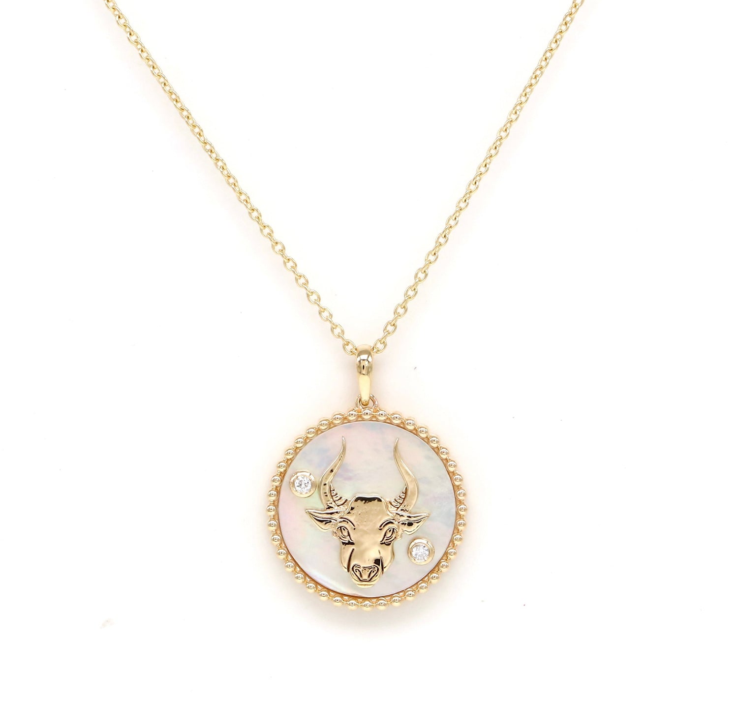 14K Gold White Mother of Pearl & Diamond Taurus Horoscope Medallion Medallion ALP-226Y-TAU.WM  - Abtin & Co.